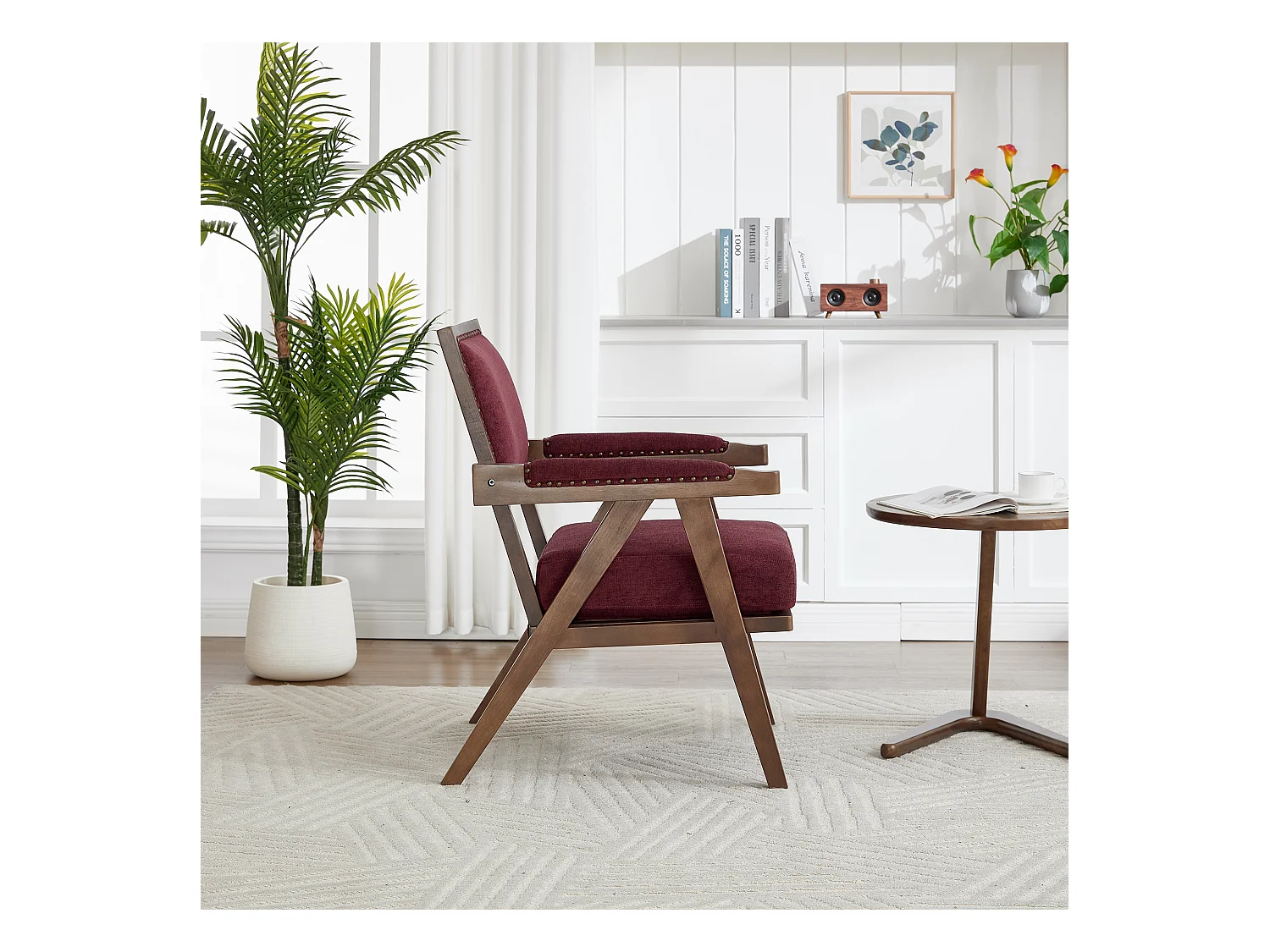 Fotel prosty z podłokietnikami - Fotel z poduszkami i oparciem - len w kolorze różowo-czerwonym