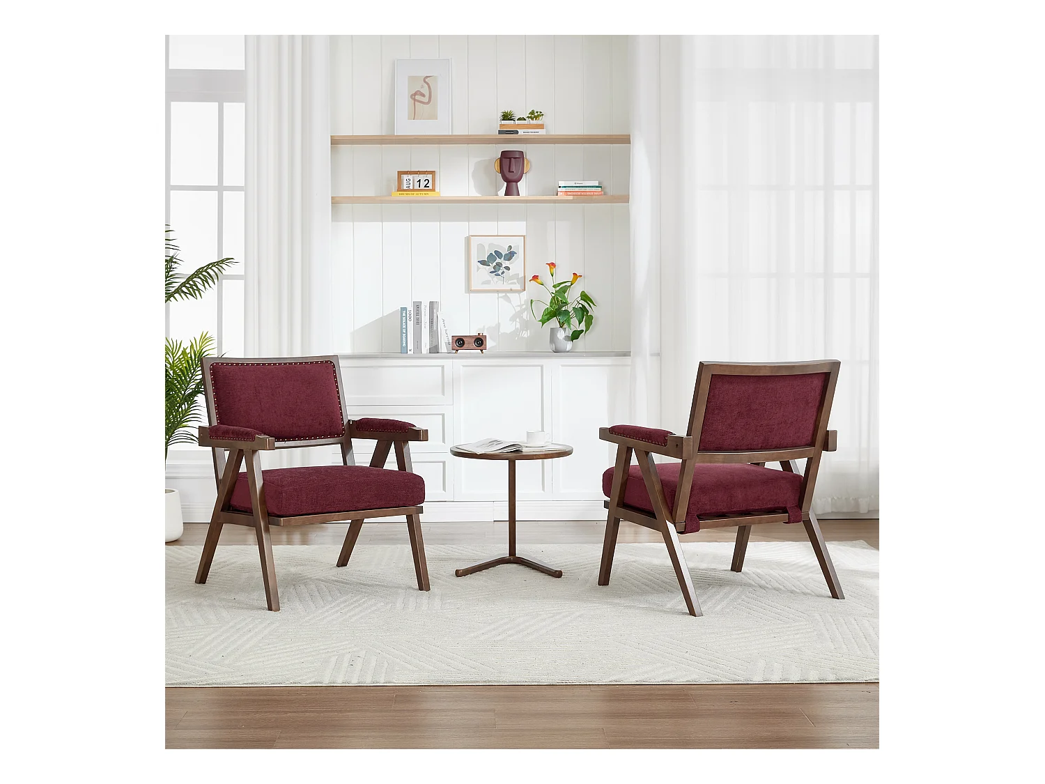 Fotel prosty z podłokietnikami - Fotel z poduszkami i oparciem - len w kolorze różowo-czerwonym