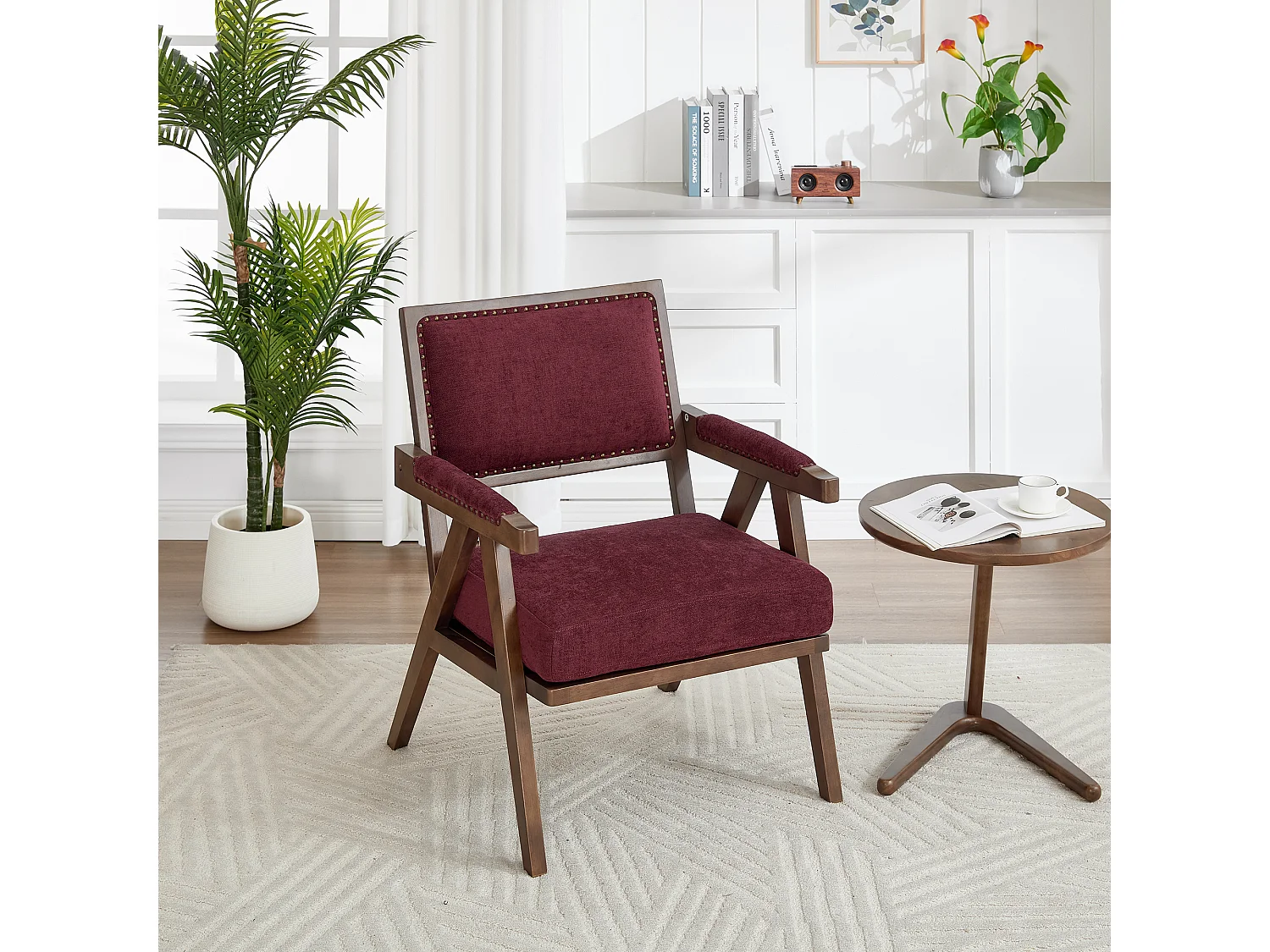 Fauteuil droit avec accoudoirs - Fauteuil avec coussins et dossier - lin rose rouge
