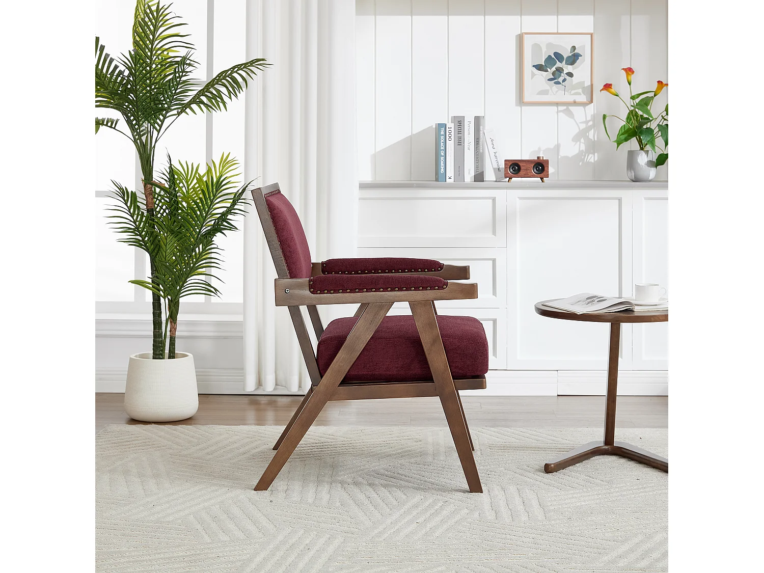 Fauteuil droit avec accoudoirs - Fauteuil avec coussins et dossier - lin rose rouge