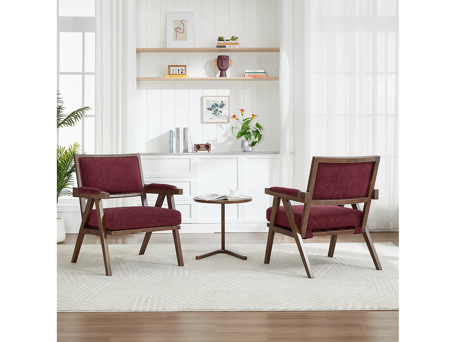 Fauteuil droit avec accoudoirs - Fauteuil avec coussins et dossier - lin rose rouge