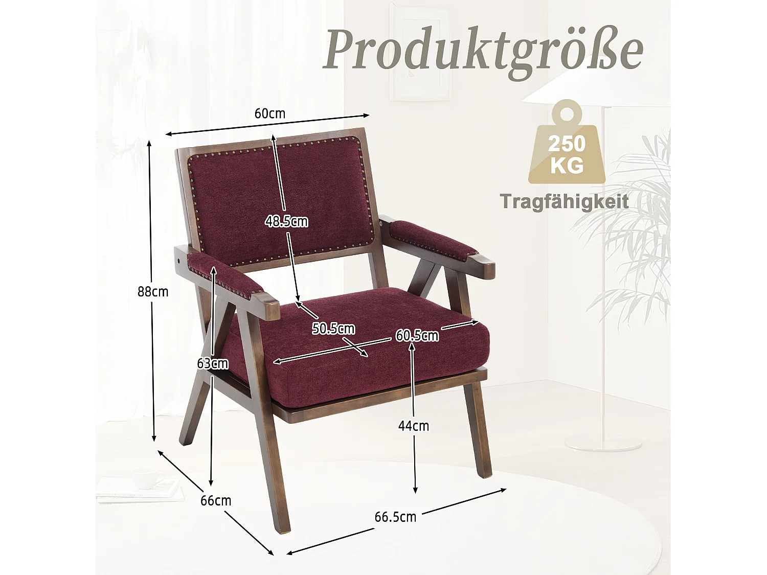 Fauteuil droit avec accoudoirs - Fauteuil avec coussins et dossier - lin rose rouge