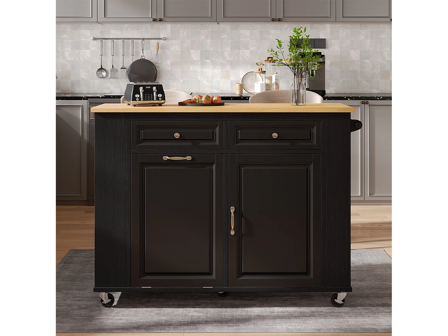 Carrello da cucina nero - Isola cucina con 2 cassetti e 2 ante - Porta spezie e scomparto per la spazzatura