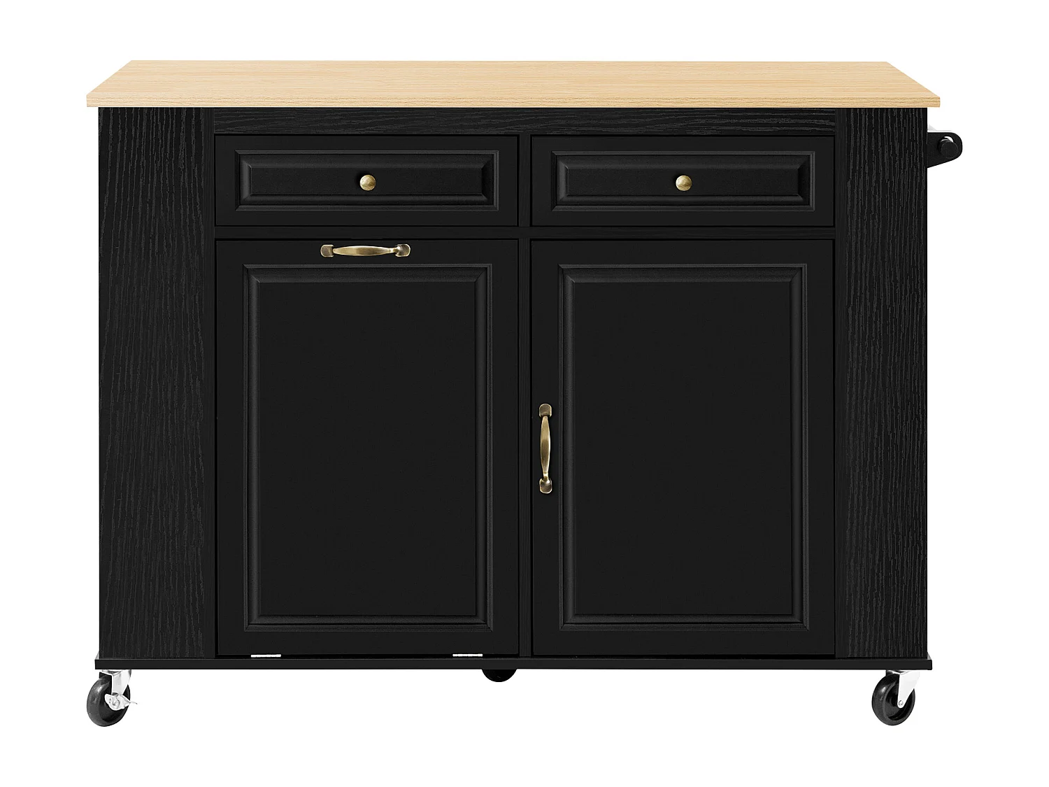 Carrello da cucina nero - Isola cucina con 2 cassetti e 2 ante - Porta spezie e scomparto per la spazzatura