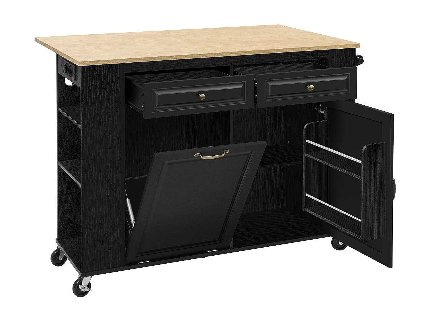 Carrello da cucina nero - Isola cucina con 2 cassetti e 2 ante - Porta spezie e scomparto per la spazzatura