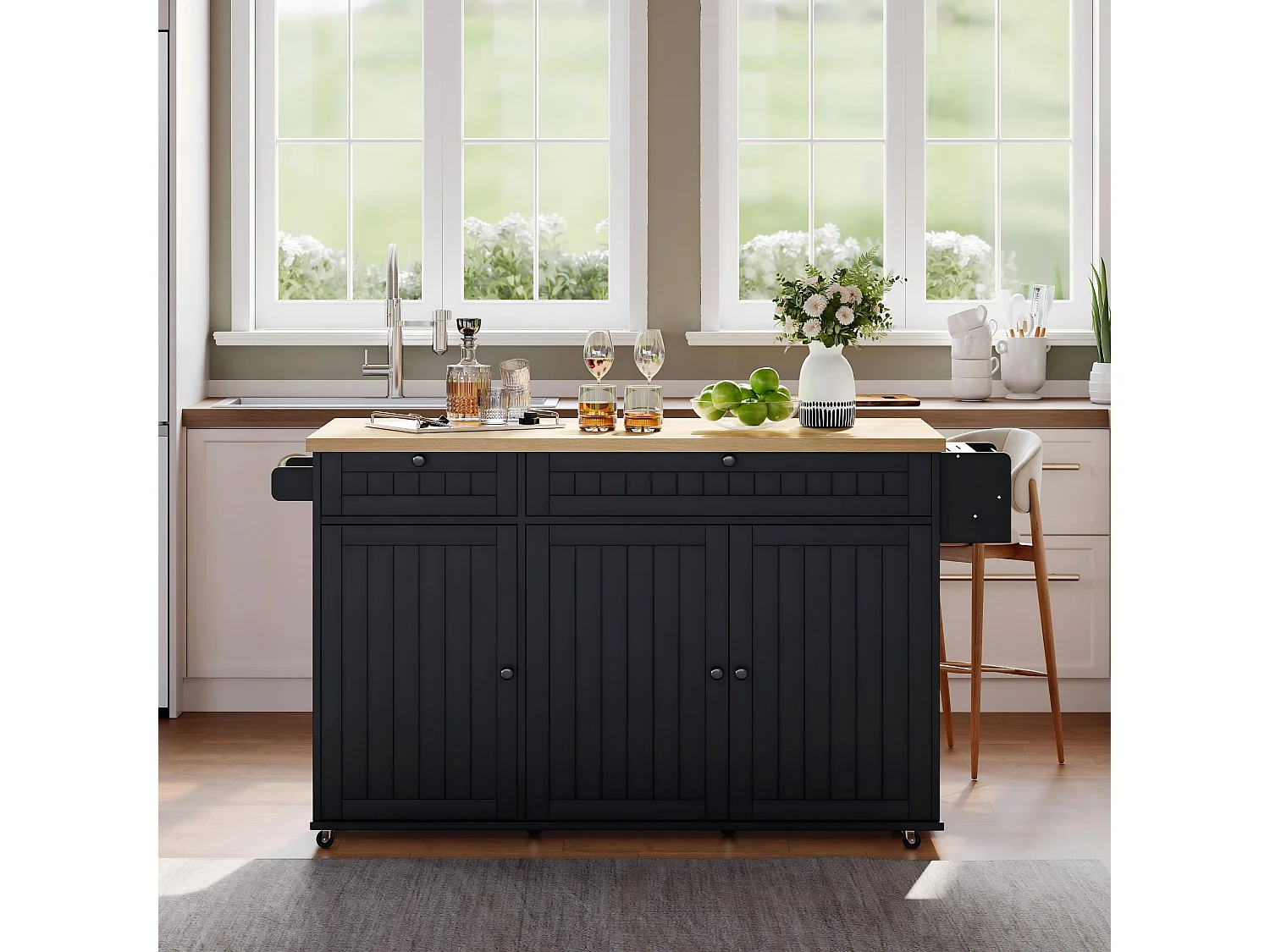 Îlot de cuisine noir - Desserte de cuisine avec 2 tiroirs et 3 portes - etagère à épices et porte-serviettes