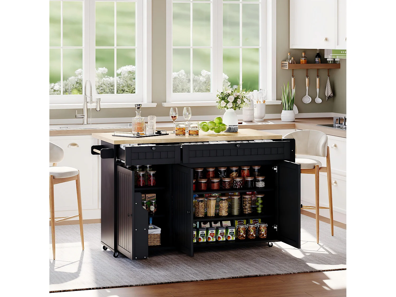 Îlot de cuisine noir - Desserte de cuisine avec 2 tiroirs et 3 portes - etagère à épices et porte-serviettes