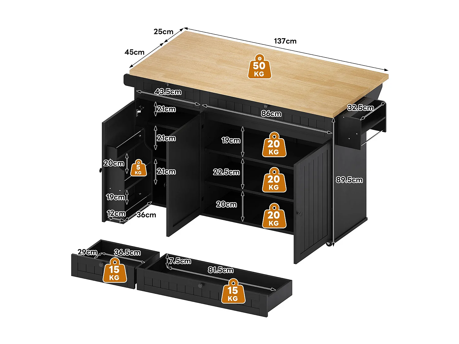 Îlot de cuisine noir - Desserte de cuisine avec 2 tiroirs et 3 portes - etagère à épices et porte-serviettes