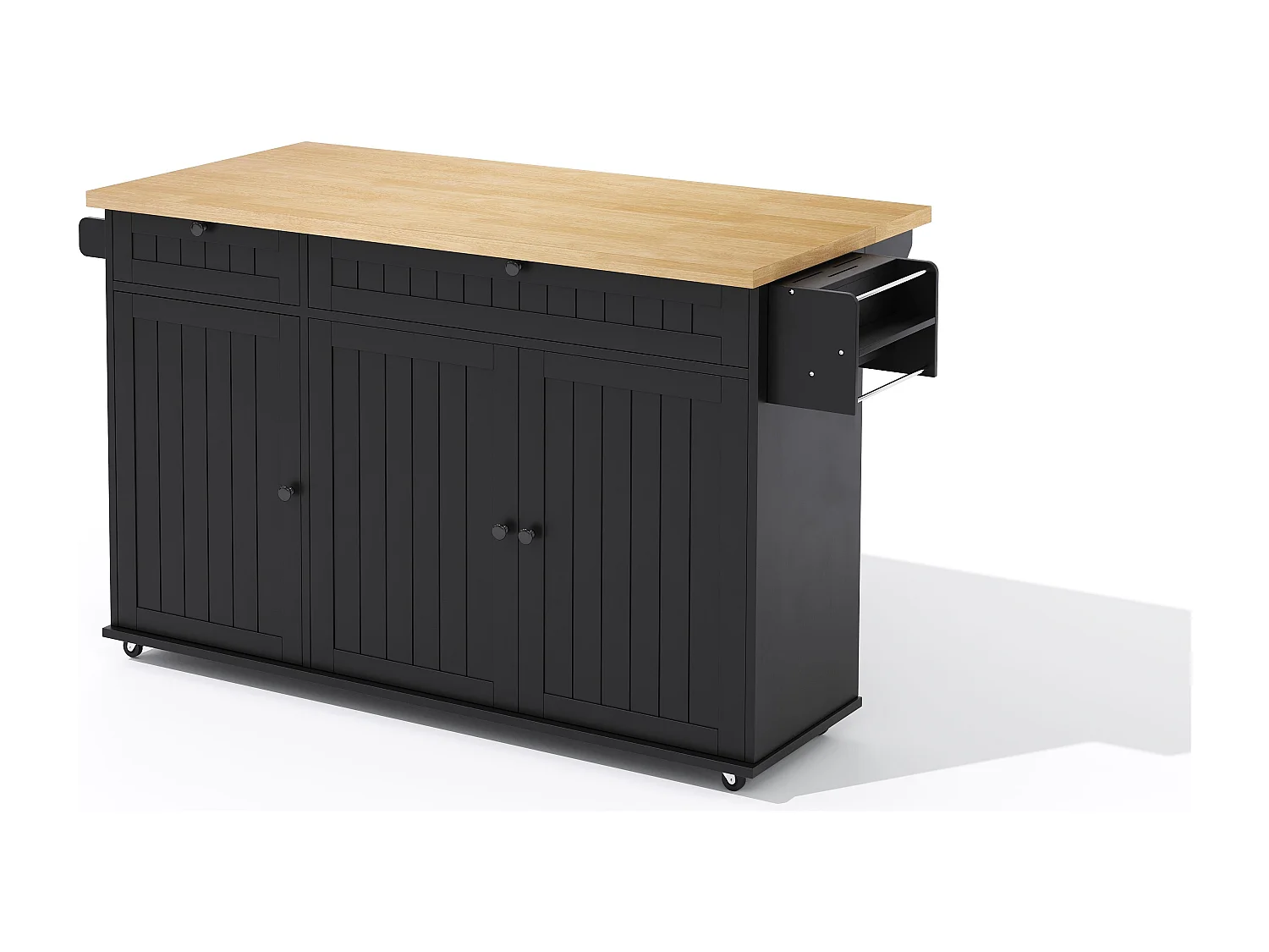 Îlot de cuisine noir - Desserte de cuisine avec 2 tiroirs et 3 portes - etagère à épices et porte-serviettes