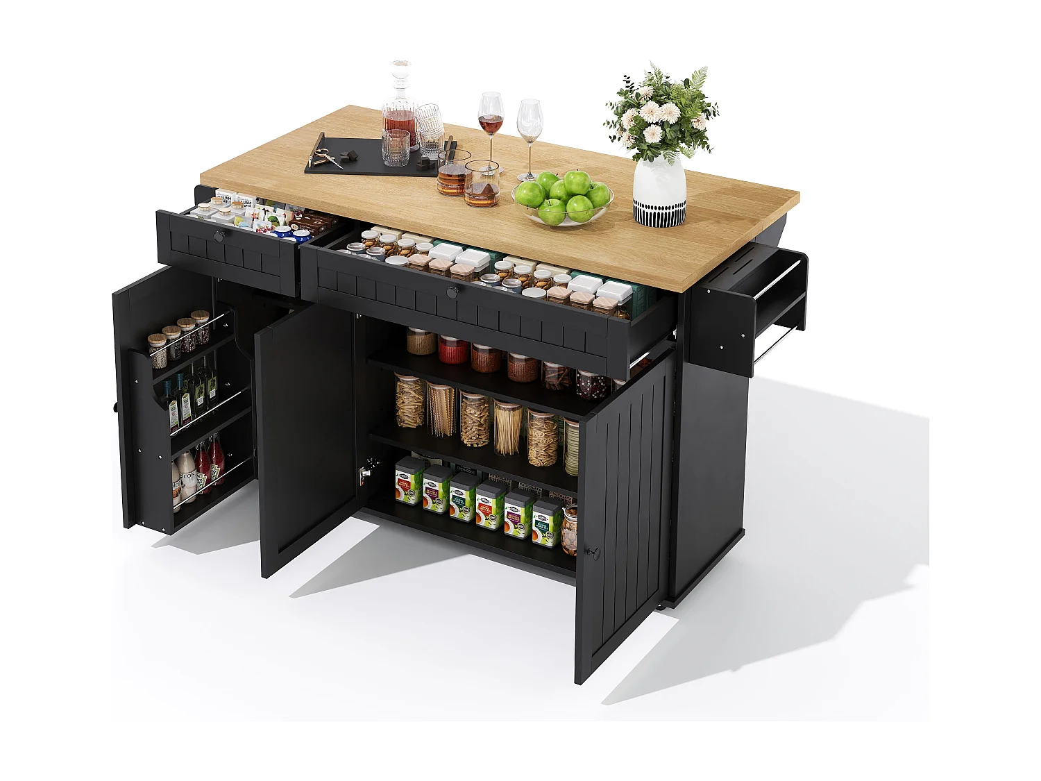 Îlot de cuisine noir - Desserte de cuisine avec 2 tiroirs et 3 portes - etagère à épices et porte-serviettes