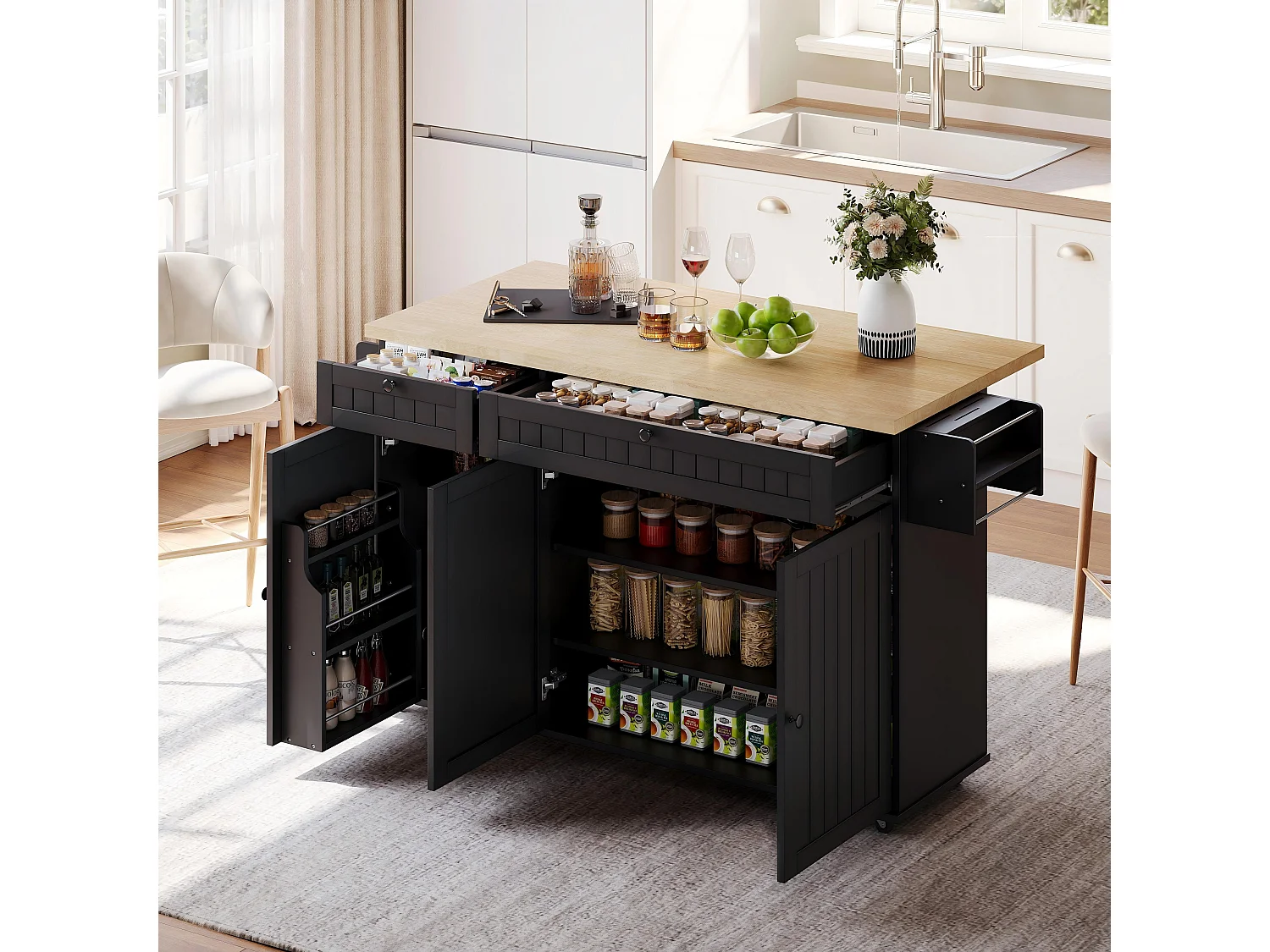 Îlot de cuisine noir - Desserte de cuisine avec 2 tiroirs et 3 portes - etagère à épices et porte-serviettes