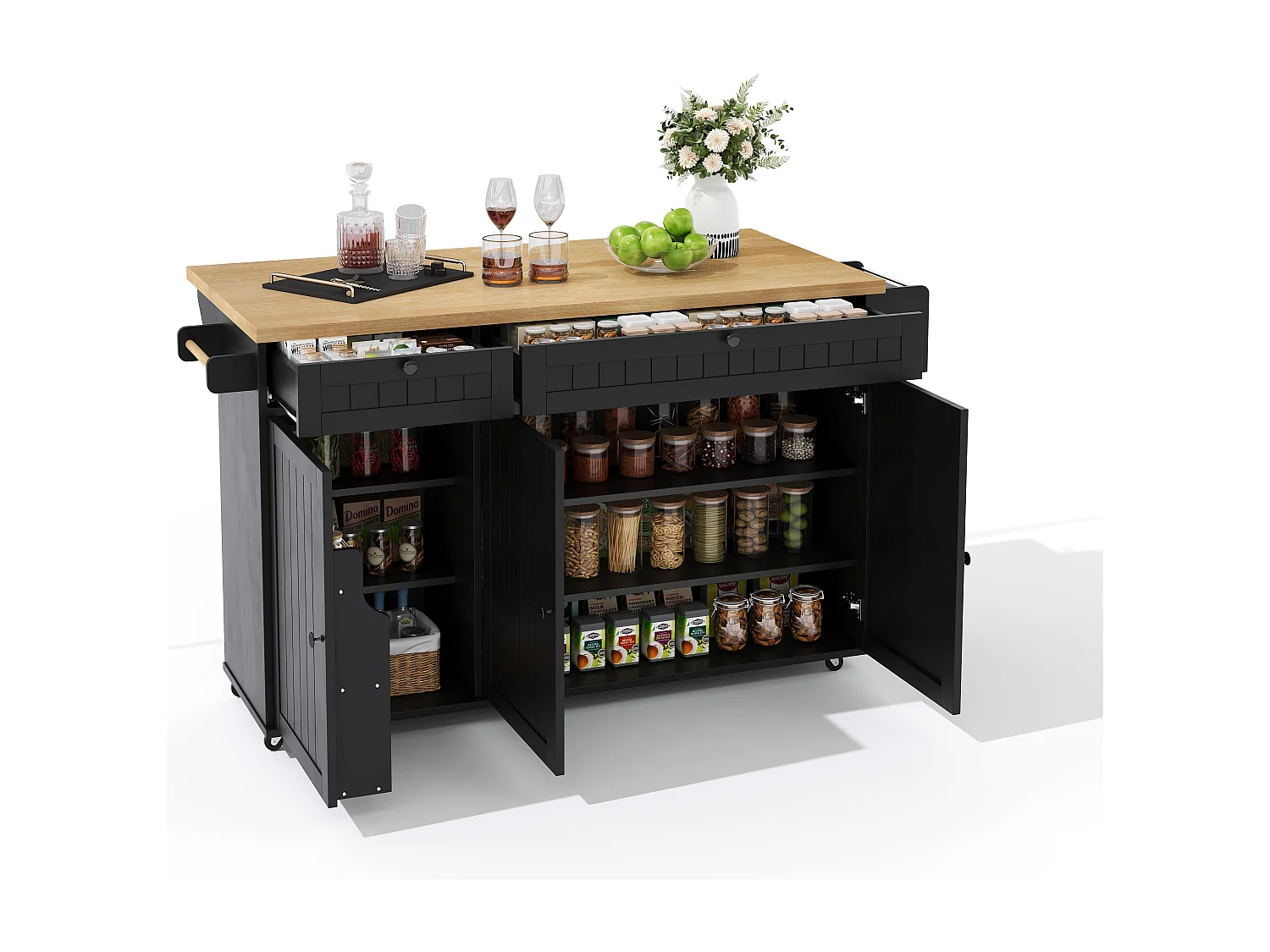 Îlot de cuisine noir - Desserte de cuisine avec 2 tiroirs et 3 portes - etagère à épices et porte-serviettes