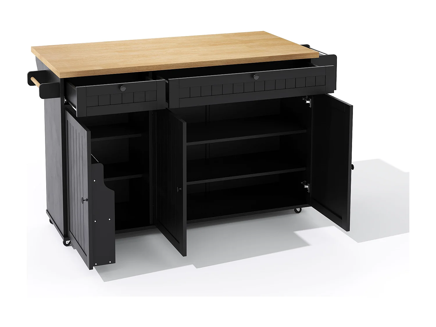 Îlot de cuisine noir - Desserte de cuisine avec 2 tiroirs et 3 portes - etagère à épices et porte-serviettes