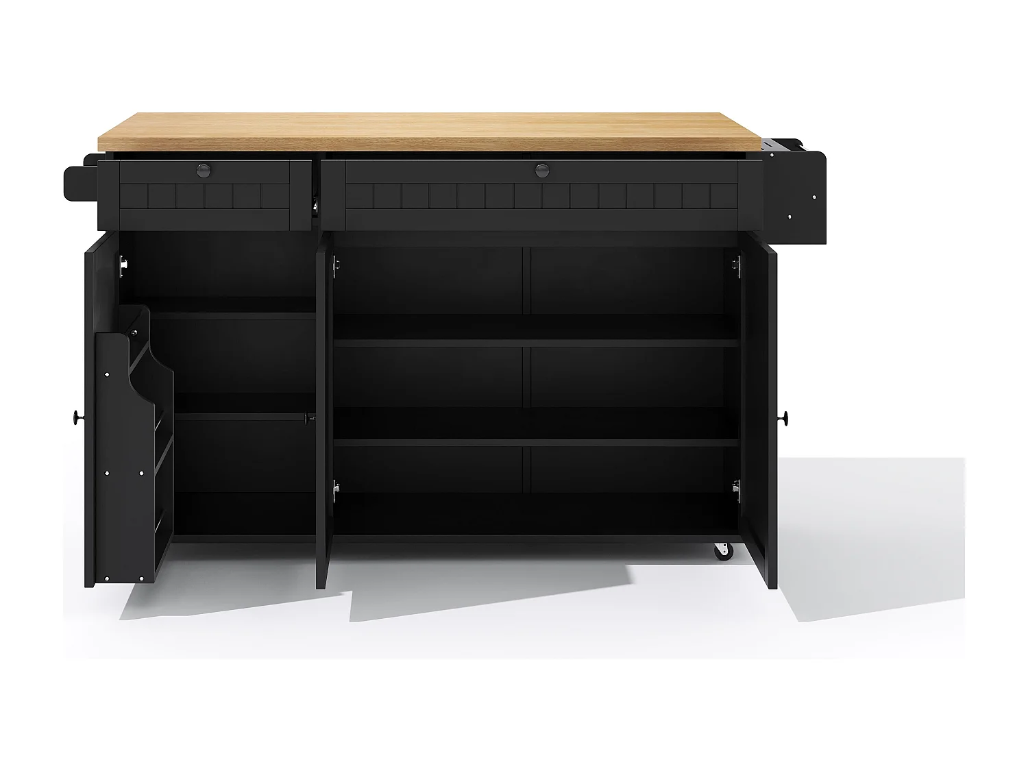 Îlot de cuisine noir - Desserte de cuisine avec 2 tiroirs et 3 portes - etagère à épices et porte-serviettes