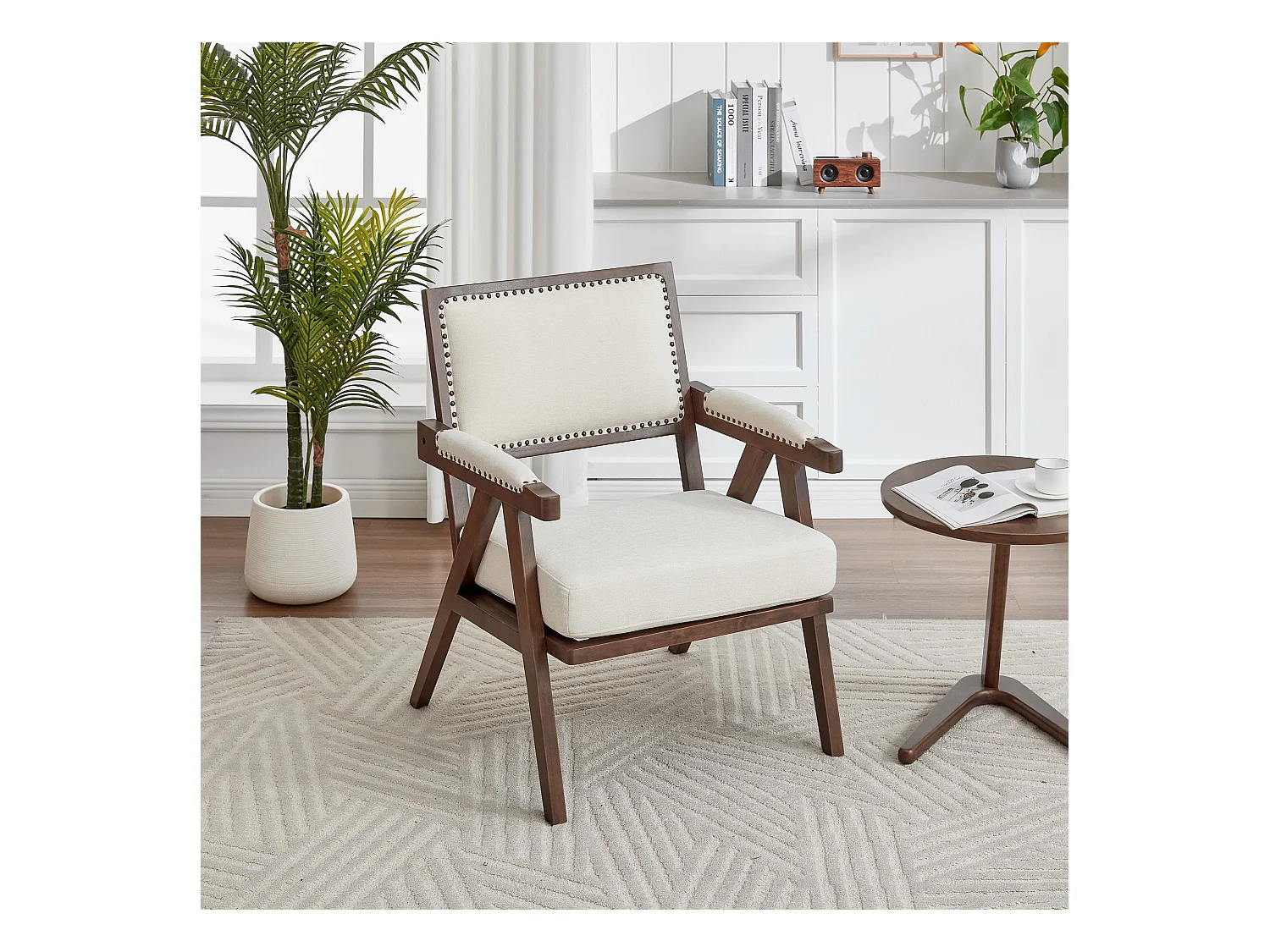 Fotel prosty z podłokietnikami - Fotel z poduszkami i oparciem - len beżowy