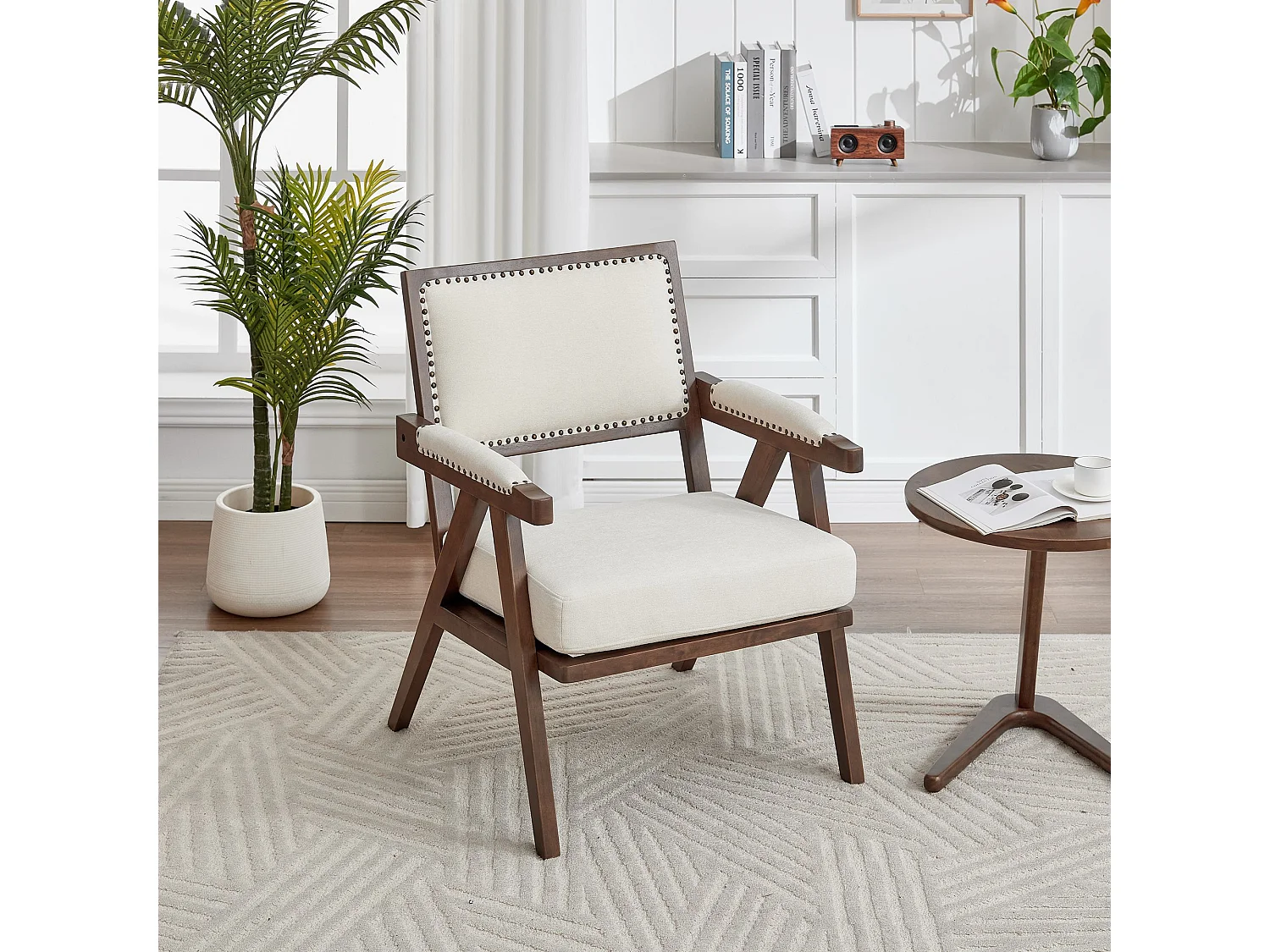 Fauteuil droit avec accoudoirs - Fauteuil avec coussins et dossier - lin beige