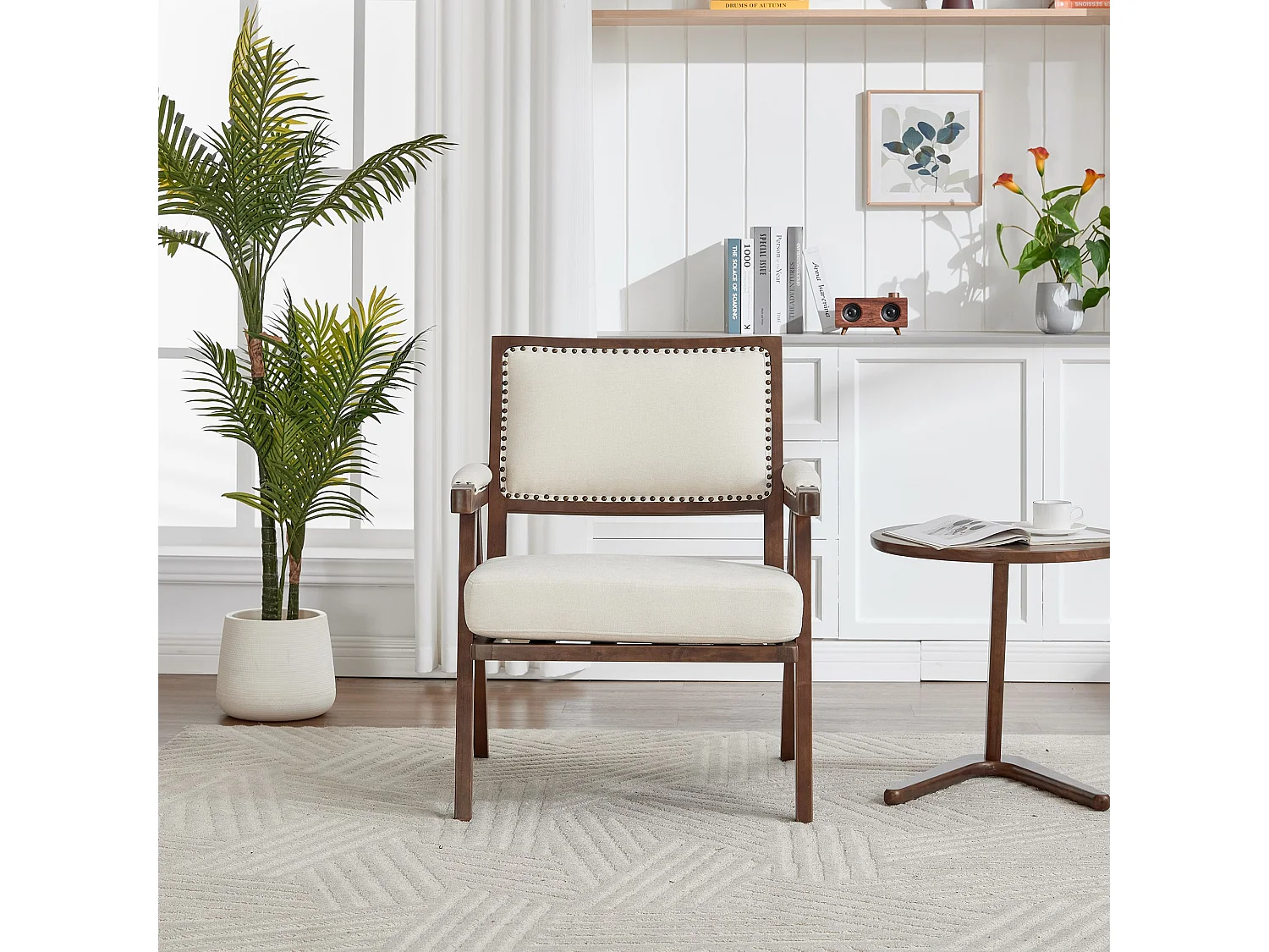 Fauteuil droit avec accoudoirs - Fauteuil avec coussins et dossier - lin beige