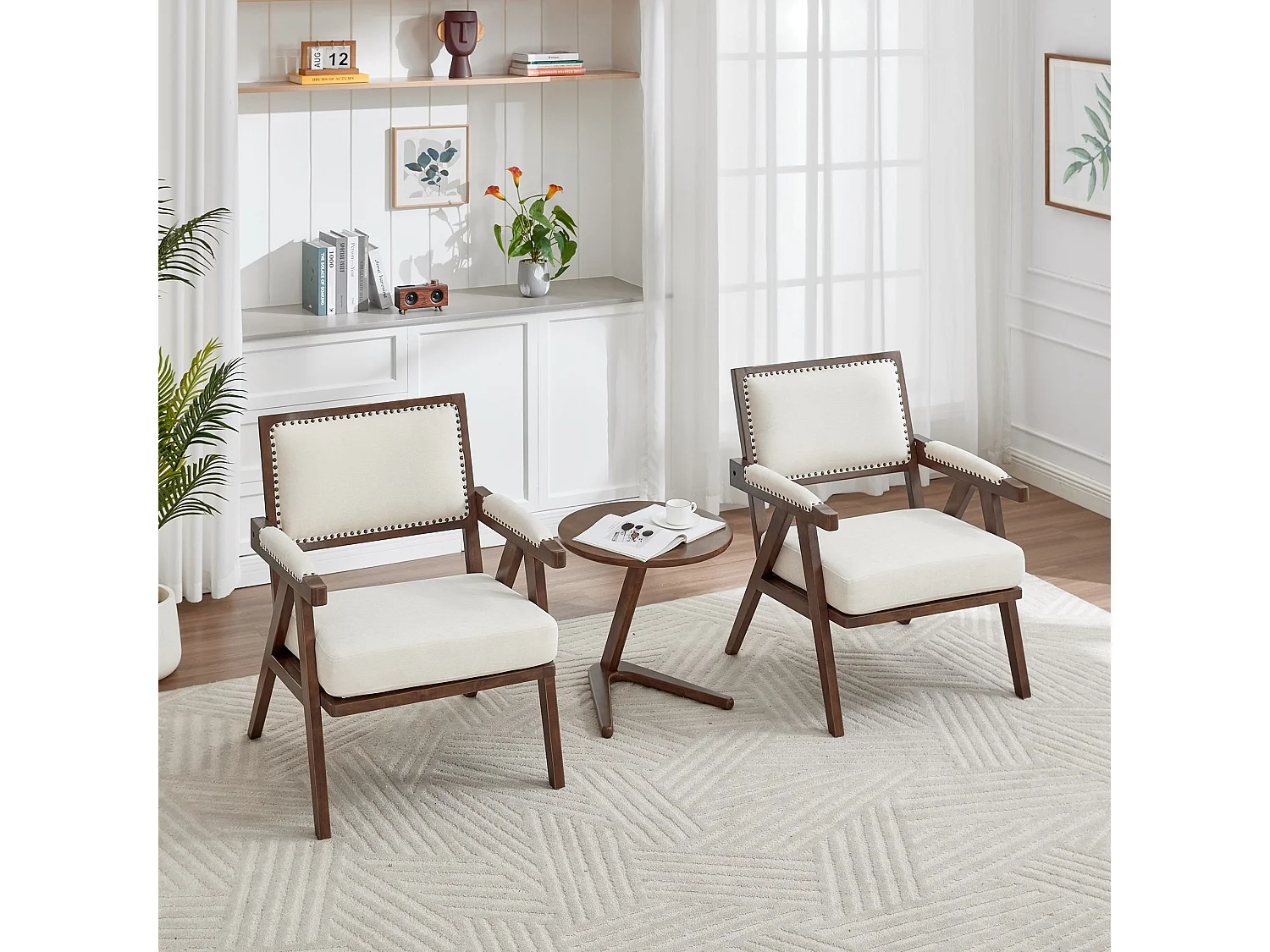 Fauteuil droit avec accoudoirs - Fauteuil avec coussins et dossier - lin beige