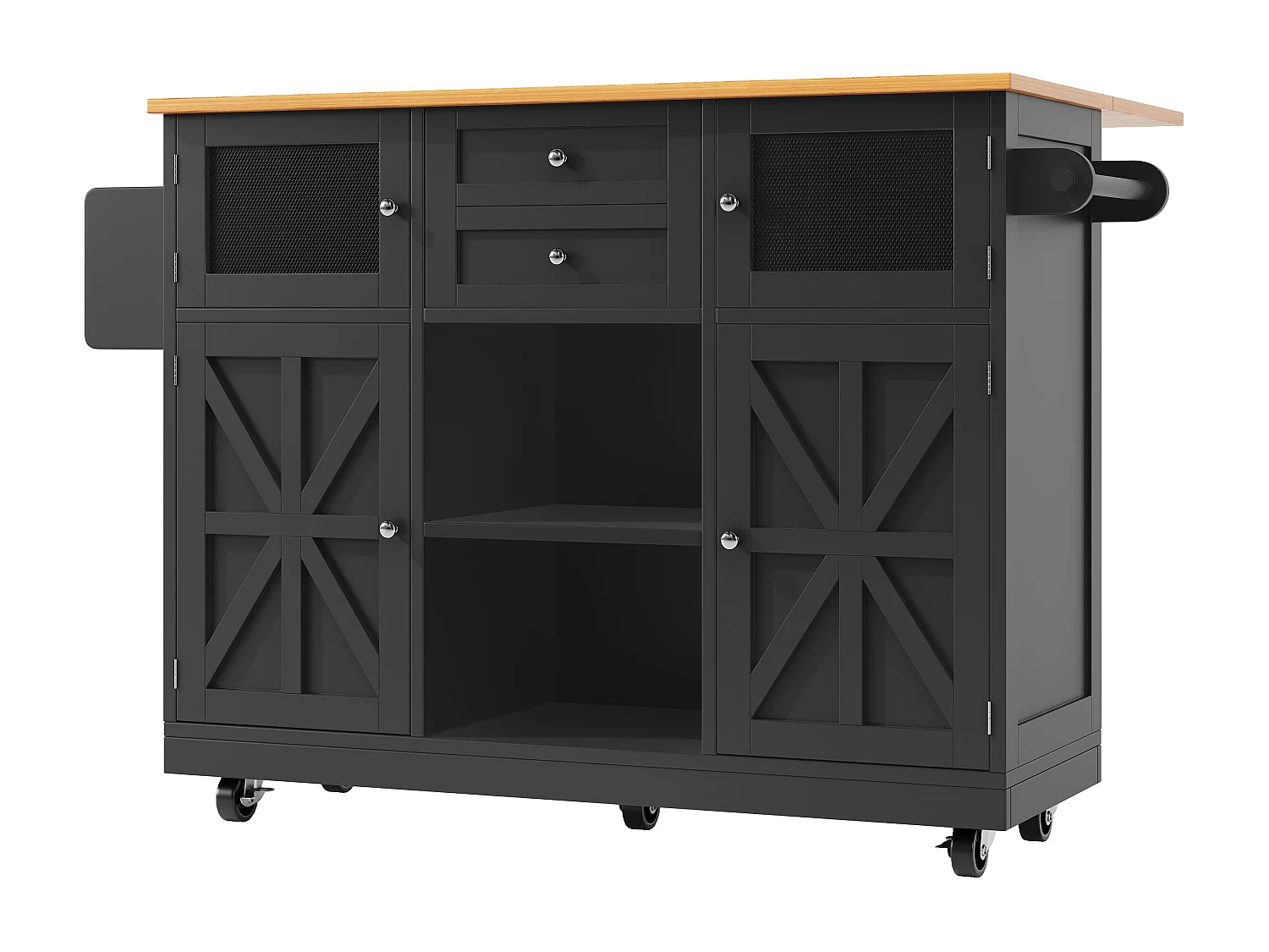 Isola cucina nera - Carrello cucina con 2 cassetti e 4 ante - Porta spezie e porta asciugamani