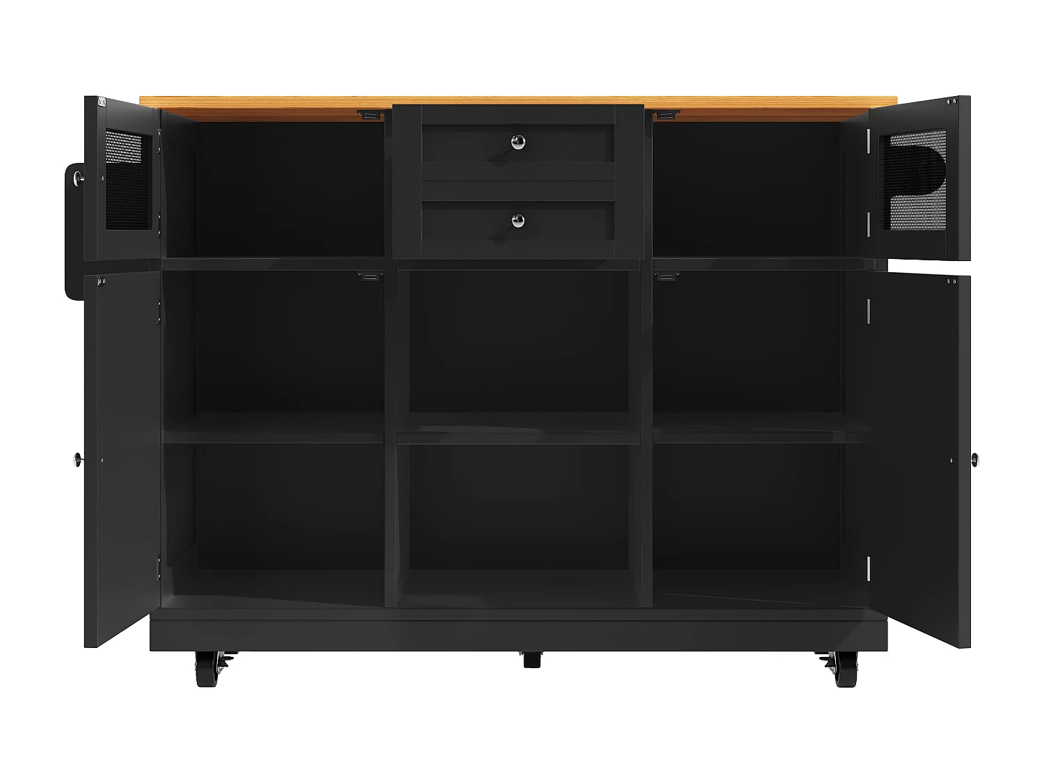 Isola cucina nera - Carrello cucina con 2 cassetti e 4 ante - Porta spezie e porta asciugamani