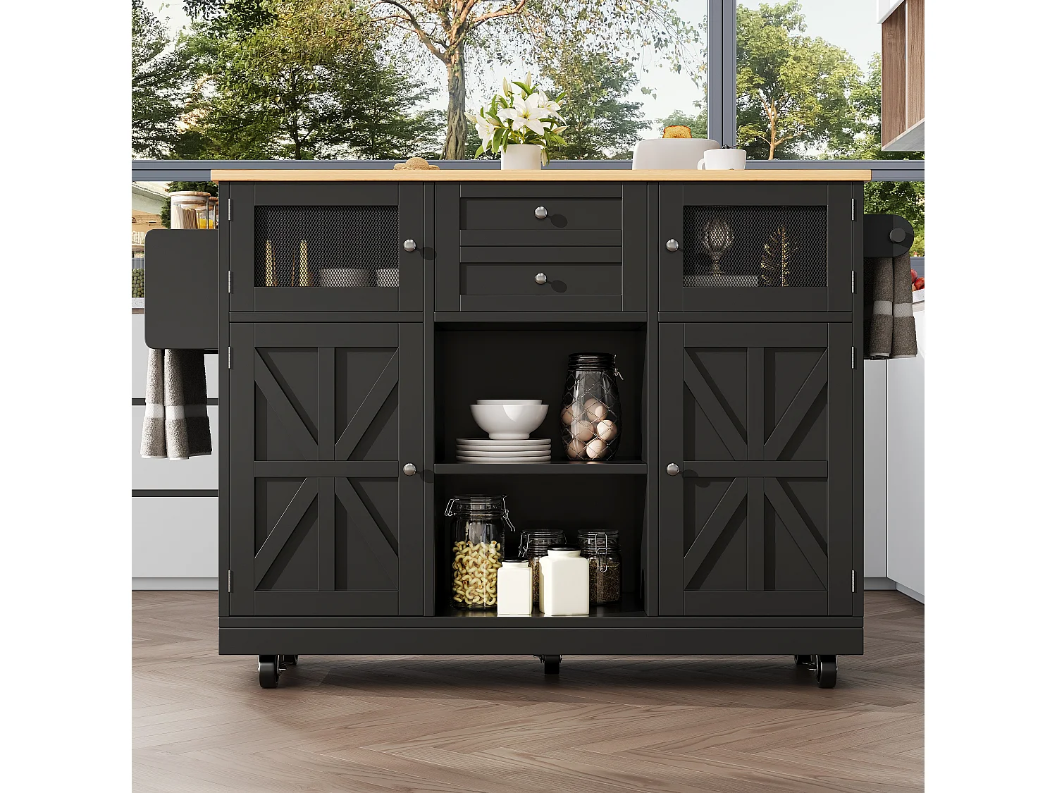 Îlot de cuisine noir - Desserte de cuisine avec 2 tiroirs et 4 portes - etagère à épices et porte-serviettes