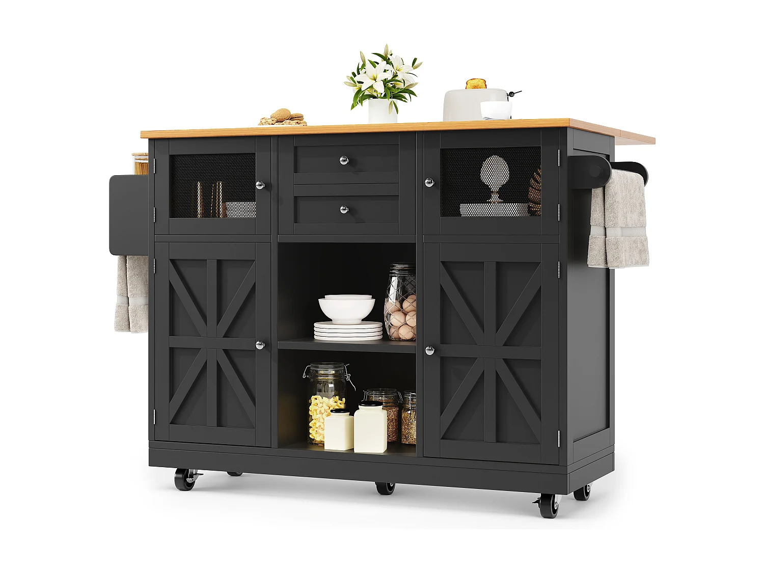 Îlot de cuisine noir - Desserte de cuisine avec 2 tiroirs et 4 portes - etagère à épices et porte-serviettes