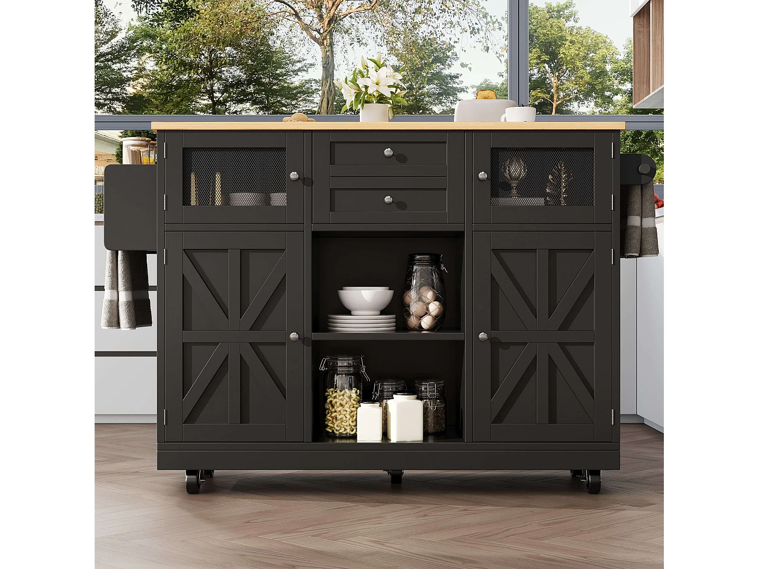 Îlot de cuisine noir - Desserte de cuisine avec 2 tiroirs et 4 portes - etagère à épices et porte-serviettes