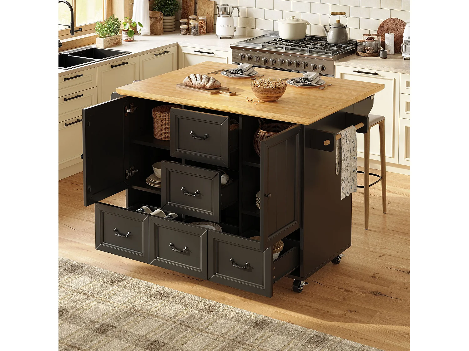 Isola cucina nera - Carrello cucina con 5 cassetti e 2 ante - porta spezie e porta asciugamani