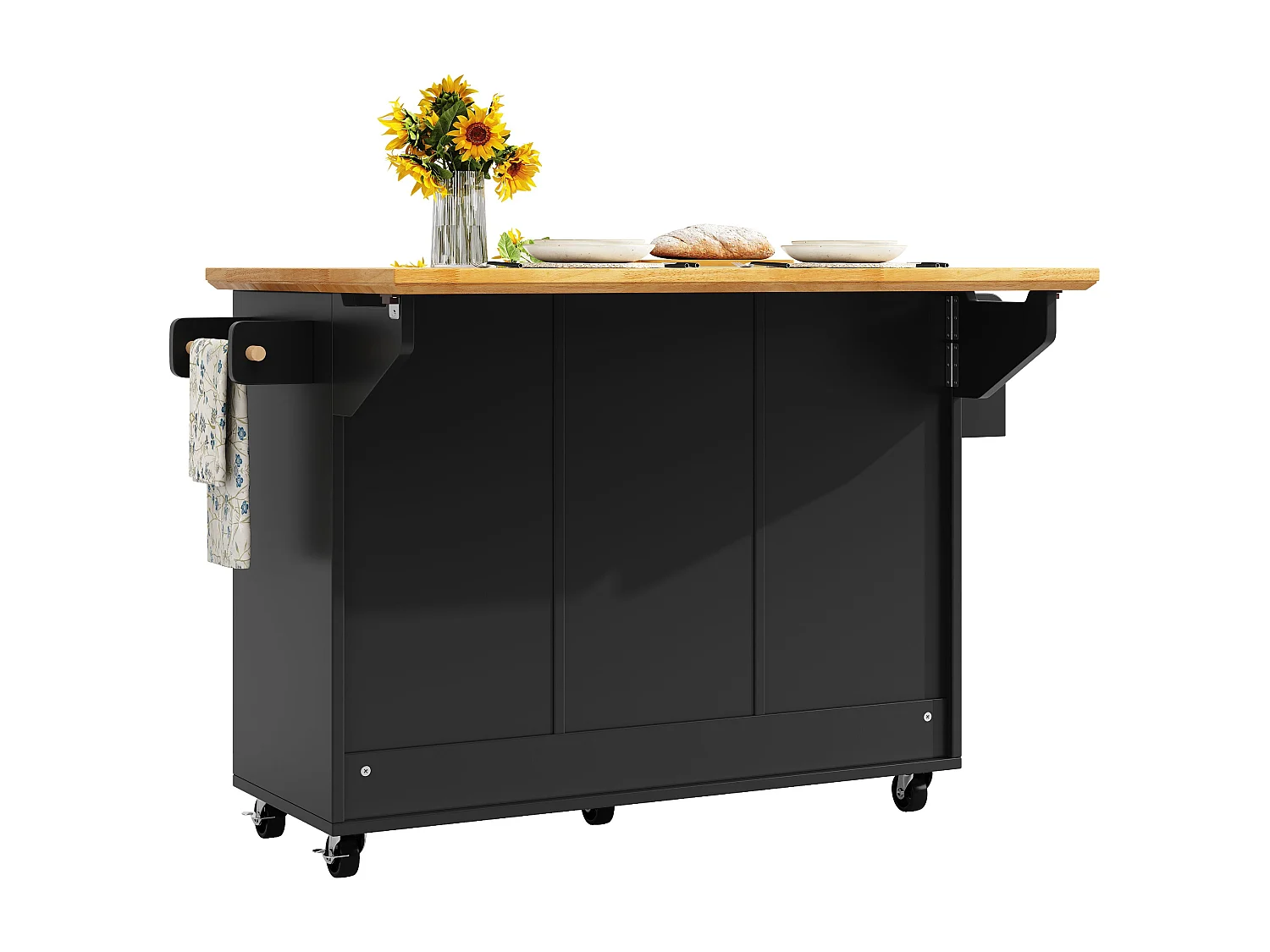 Isola cucina nera - Carrello cucina con 5 cassetti e 2 ante - porta spezie e porta asciugamani