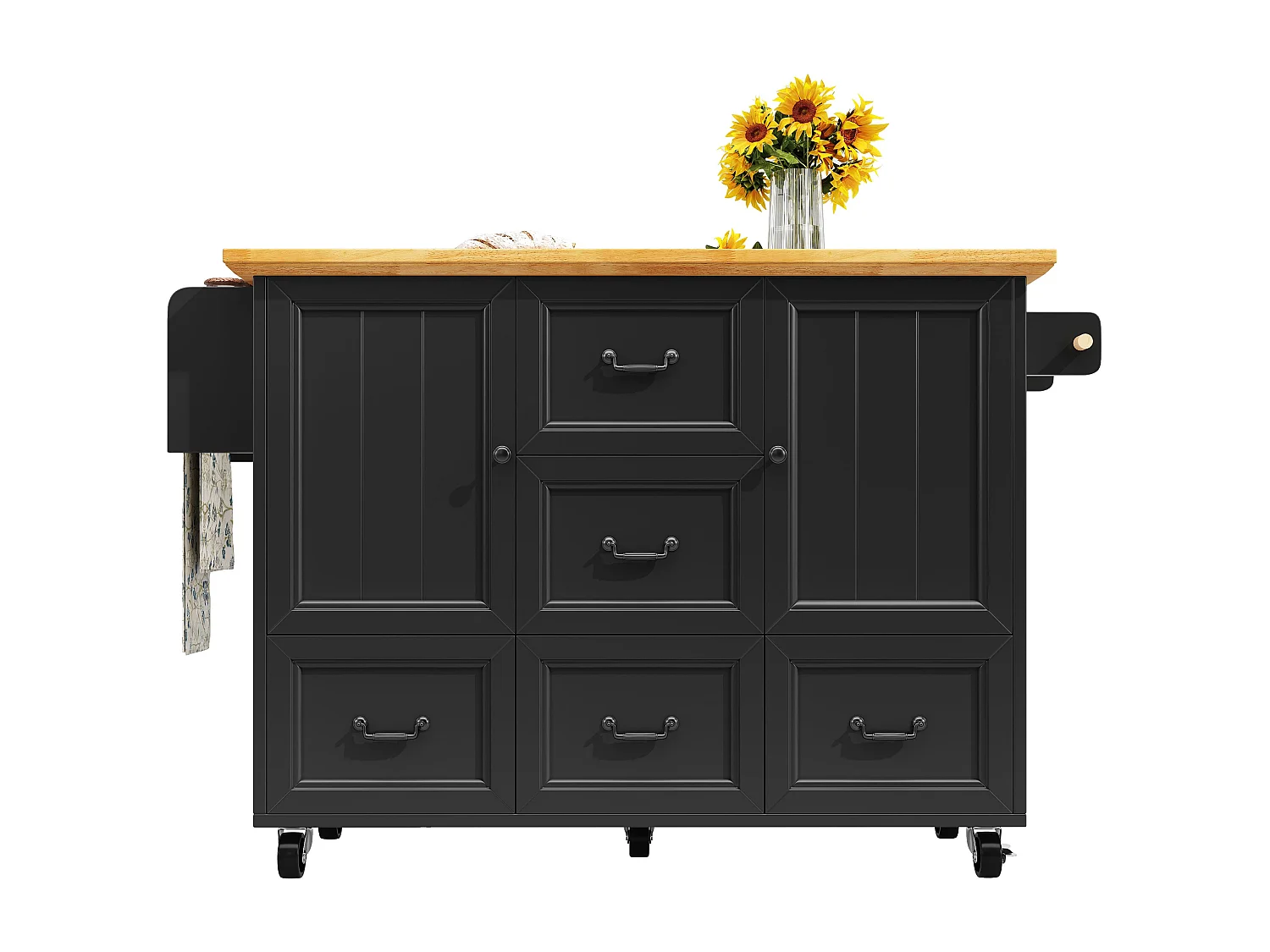 Isola cucina nera - Carrello cucina con 5 cassetti e 2 ante - porta spezie e porta asciugamani