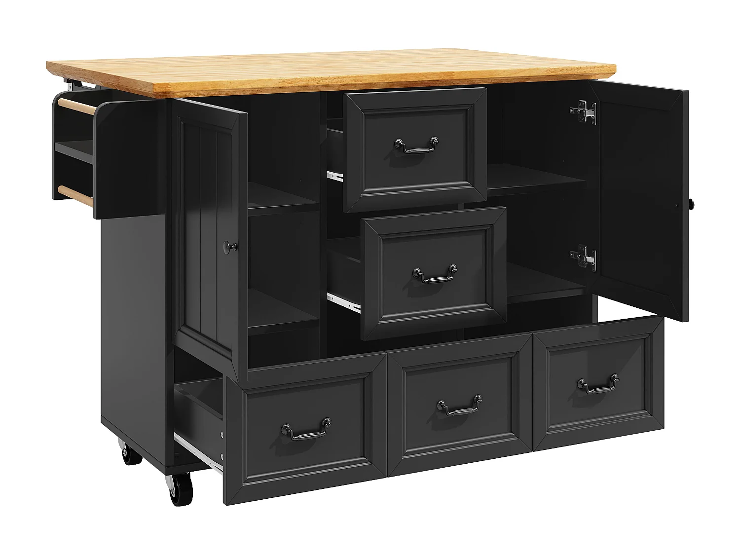 Isola cucina nera - Carrello cucina con 5 cassetti e 2 ante - porta spezie e porta asciugamani