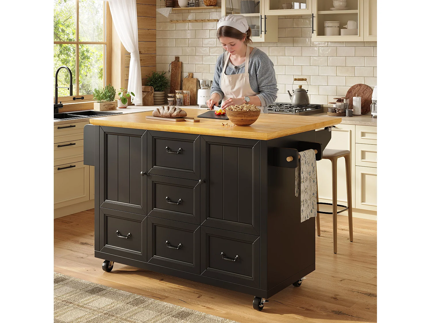 Îlot de cuisine noir - Desserte de cuisine avec 5 tiroirs et 2 portes - etagère à épices et porte-serviettes