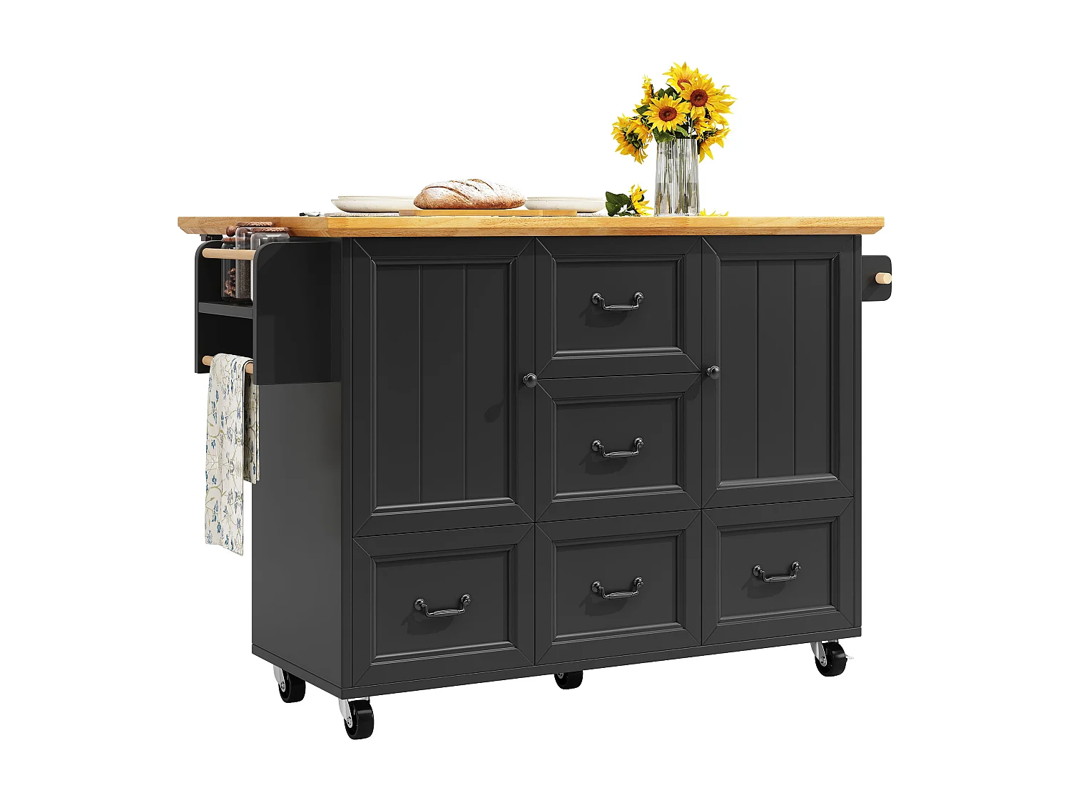 Îlot de cuisine noir - Desserte de cuisine avec 5 tiroirs et 2 portes - etagère à épices et porte-serviettes