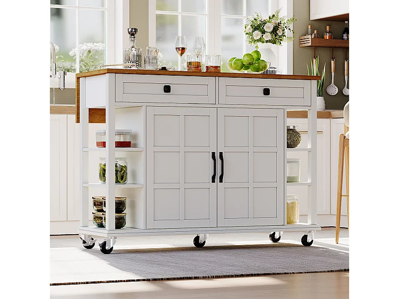 Îlot de cuisine blanc - Desserte de cuisine avec 2 tiroirs et 2 portes - 6 espaces de rangement ouverts