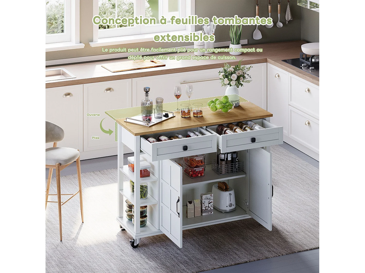 Îlot de cuisine blanc - Desserte de cuisine avec 2 tiroirs et 2 portes - 6 espaces de rangement ouverts