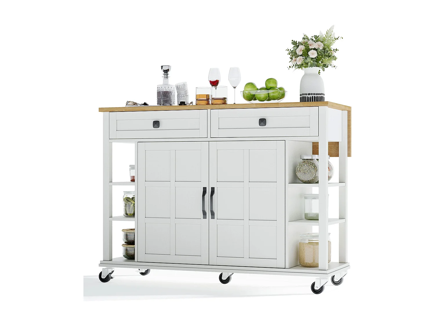 Îlot de cuisine blanc - Desserte de cuisine avec 2 tiroirs et 2 portes - 6 espaces de rangement ouverts