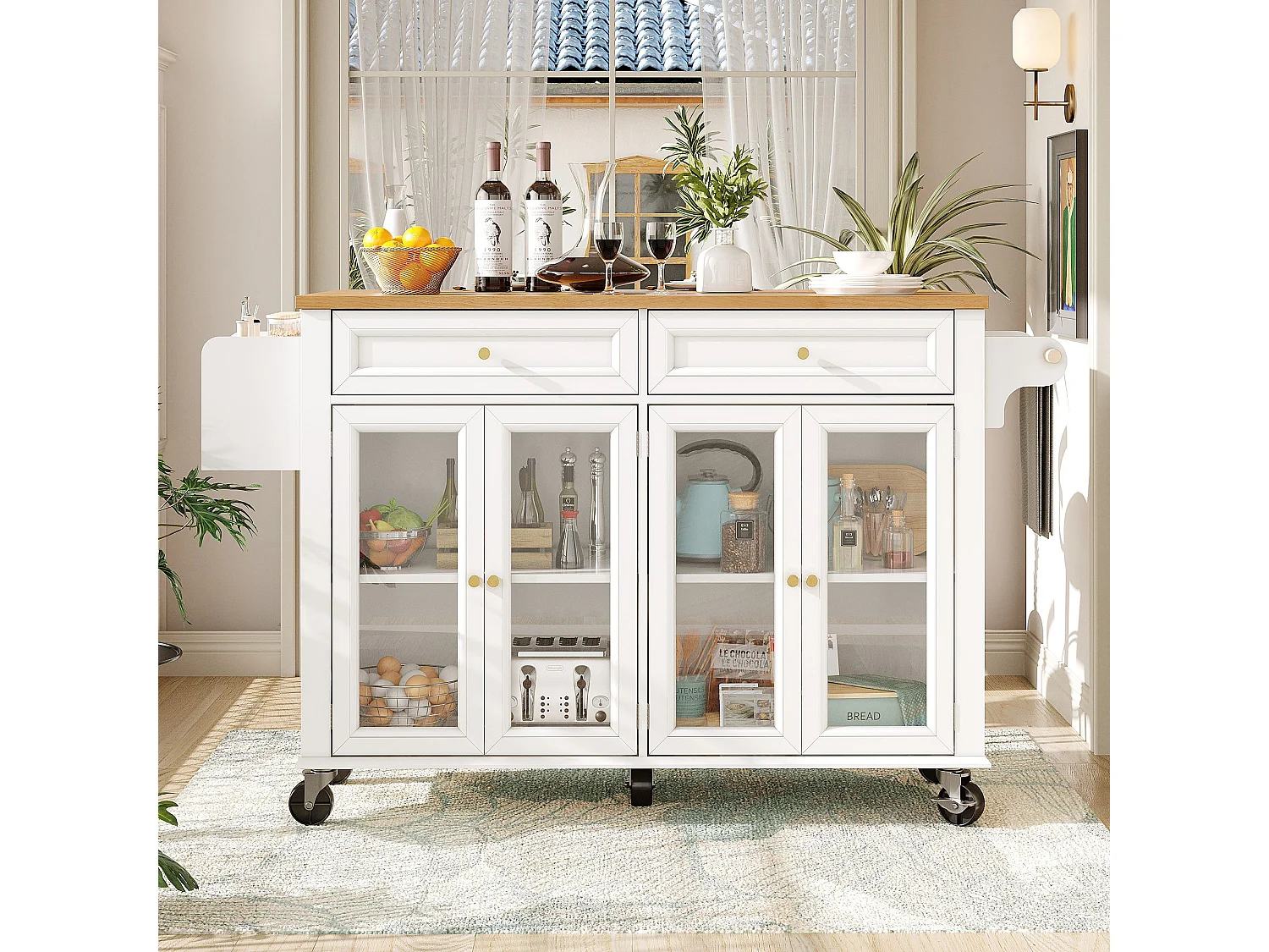 Isola cucina bianca - Carrello cucina con 2 cassetti e 4 ante in vetro - porta spezie e porta asciugamani