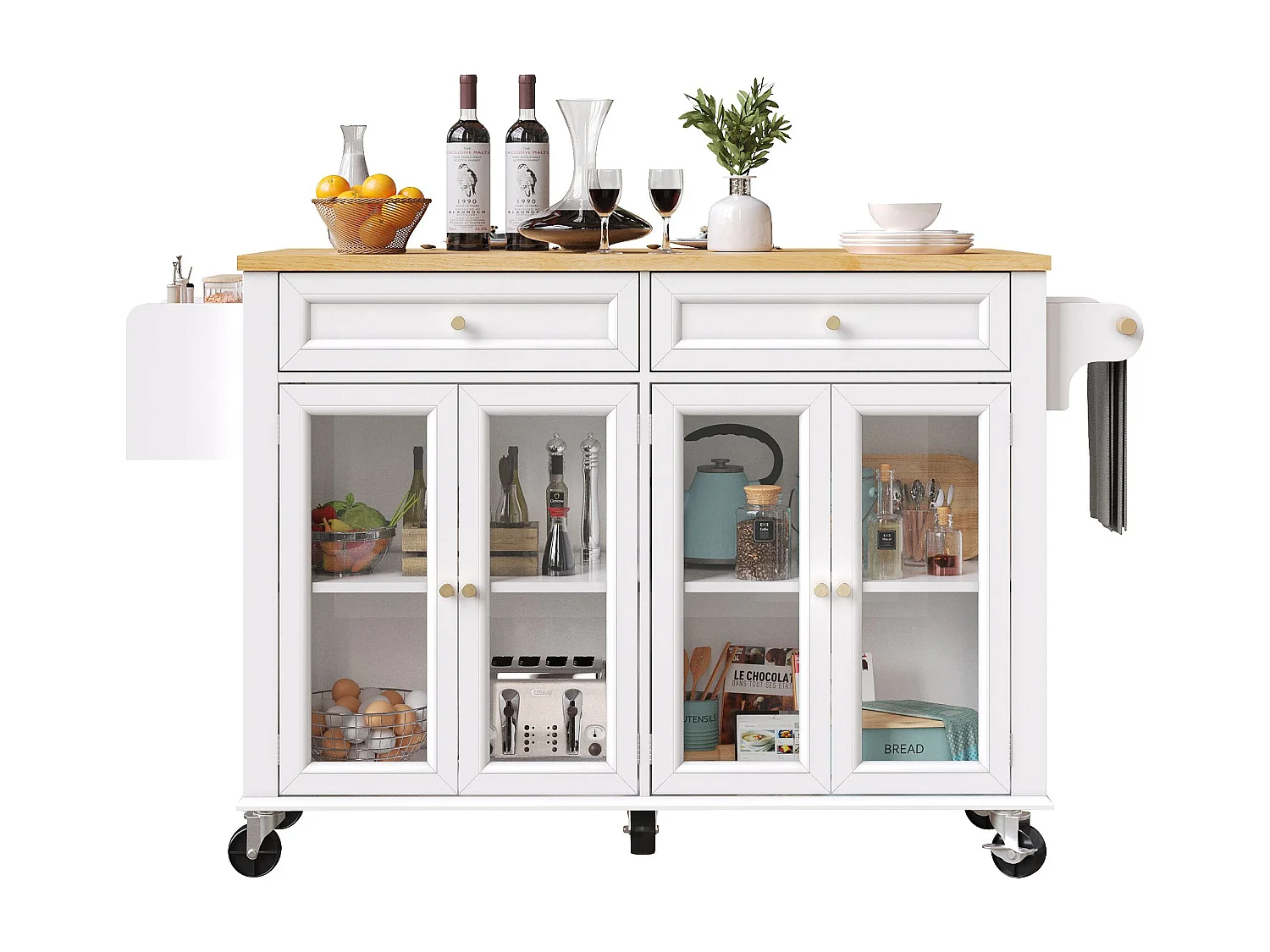 Isola cucina bianca - Carrello cucina con 2 cassetti e 4 ante in vetro - porta spezie e porta asciugamani