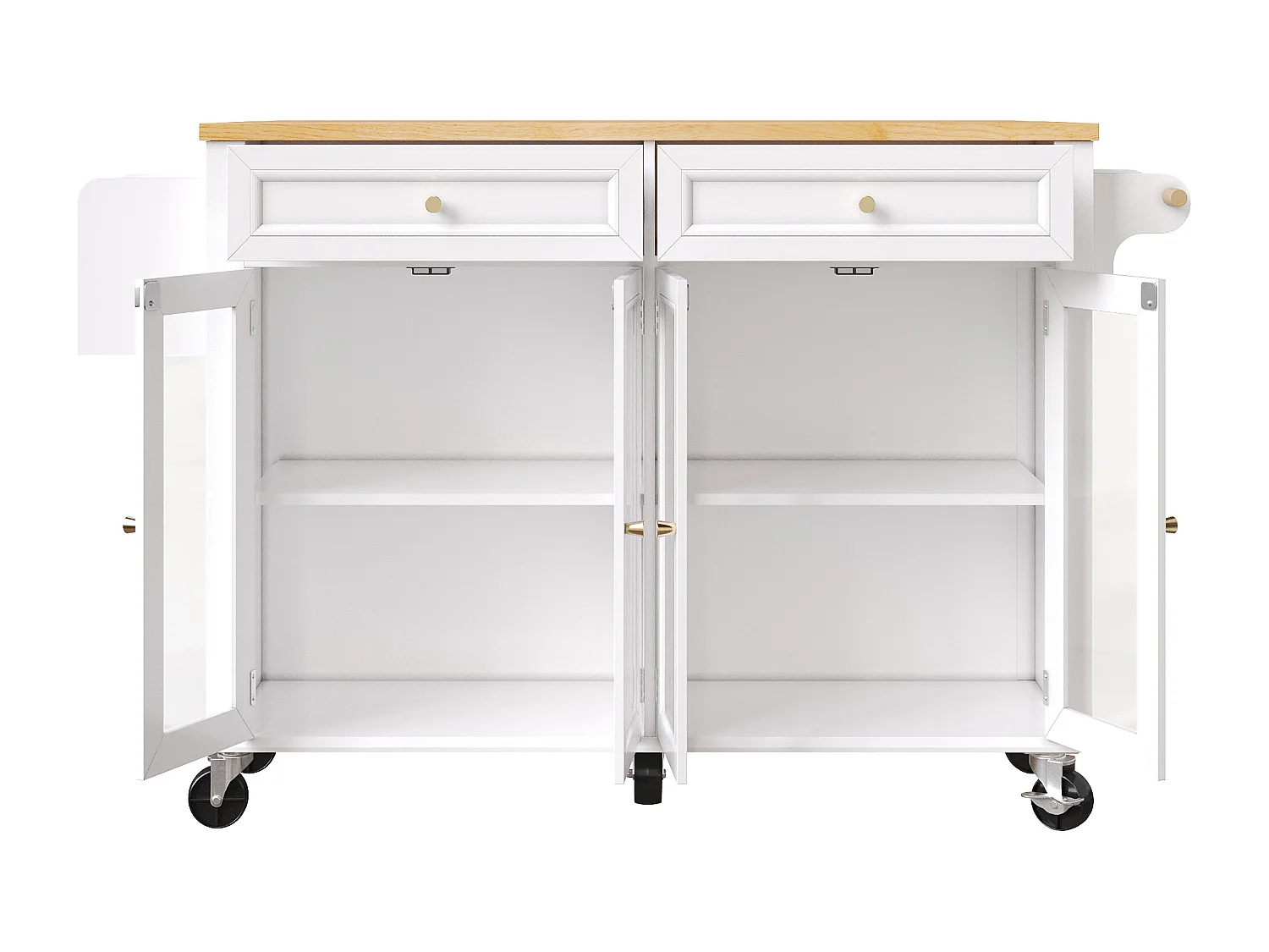 Isola cucina bianca - Carrello cucina con 2 cassetti e 4 ante in vetro - porta spezie e porta asciugamani