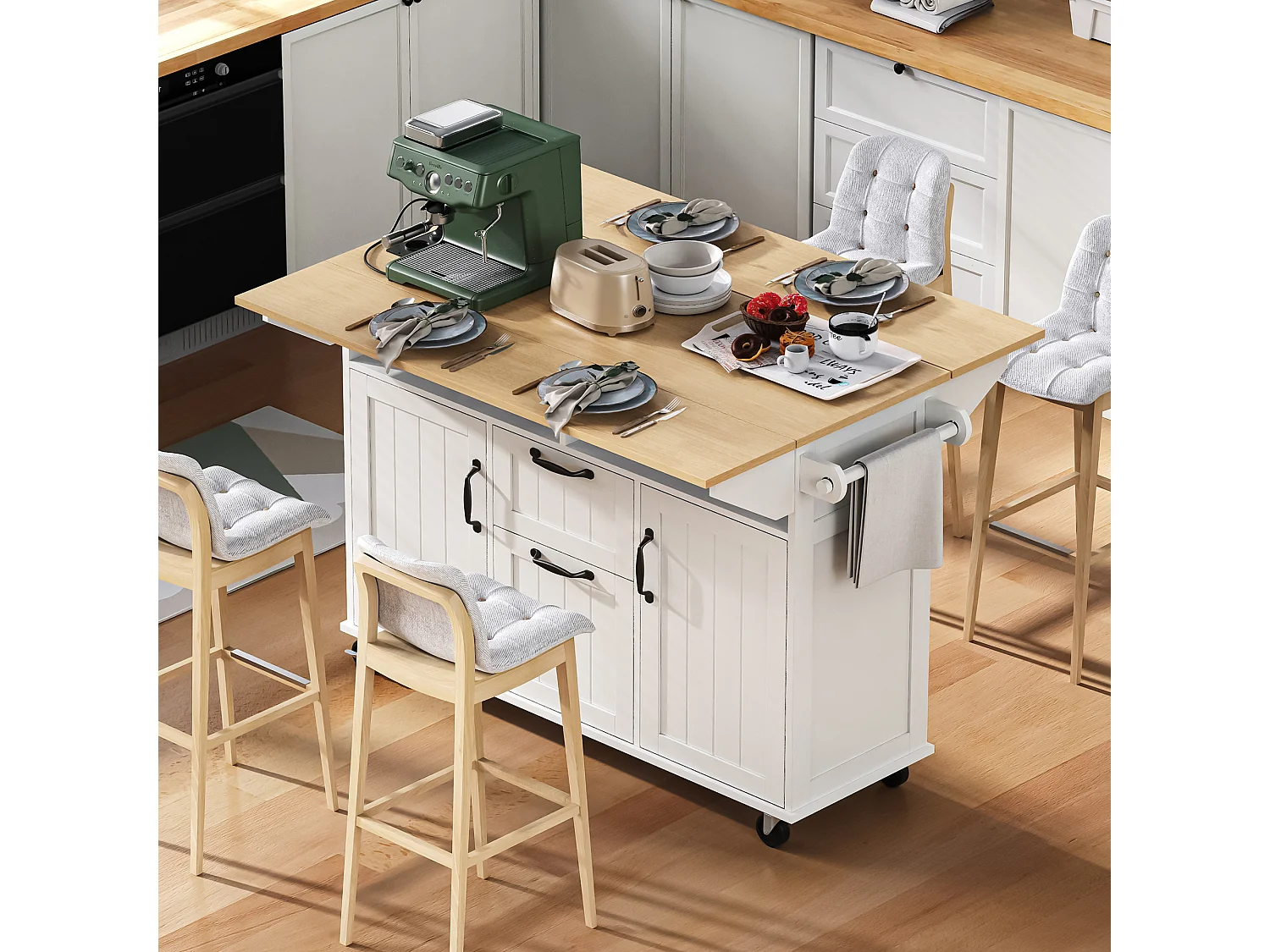 Îlot de cuisine blanc - Desserte de cuisine avec 2 tiroirs et 2 portes - porte-serviettes et rangement ouvert