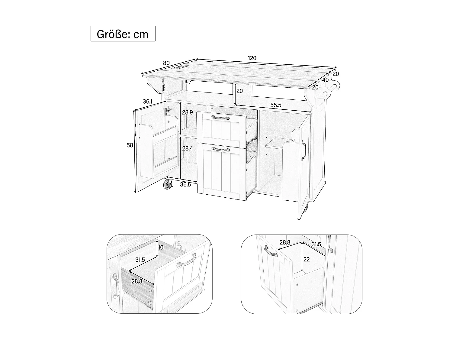 Îlot de cuisine blanc - Desserte de cuisine avec 2 tiroirs et 2 portes - porte-serviettes et rangement ouvert