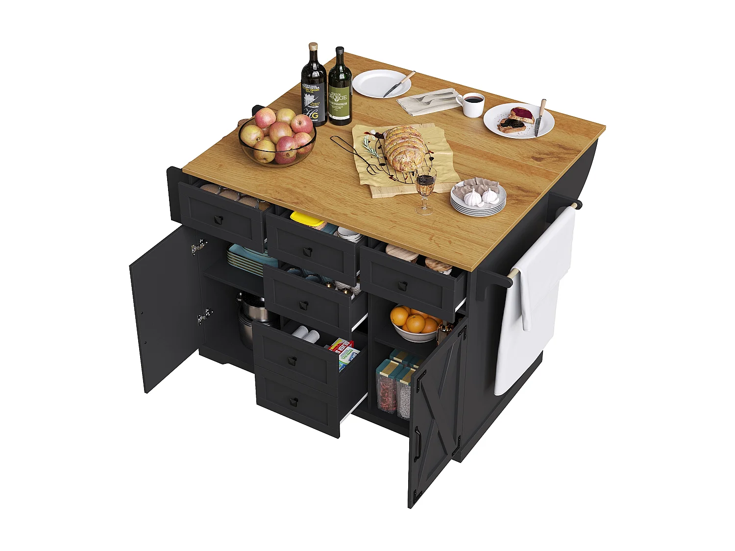 Desserte de cuisine noir - Îlot de cuisine avec 6 tiroirs et 2 portes - étagère à épices et porte-serviettes