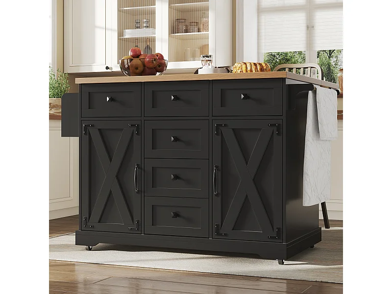 Carrello da cucina nero - Isola cucina con 6 cassetti e 2 ante - Porta spezie e porta asciugamani