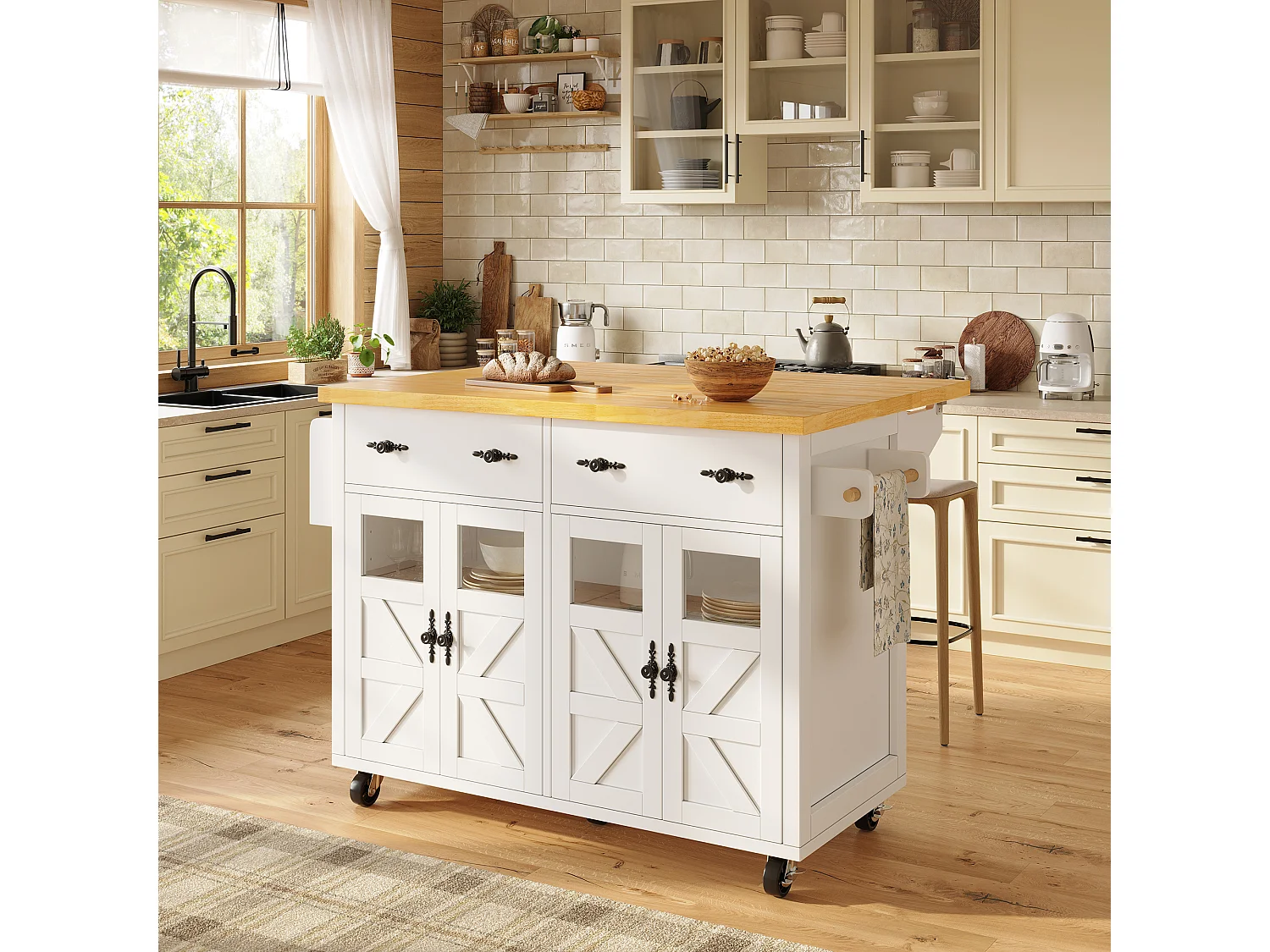 Isola cucina bianca - Carrello cucina con 2 cassetti e 4 ante - Porta spezie e porta asciugamani