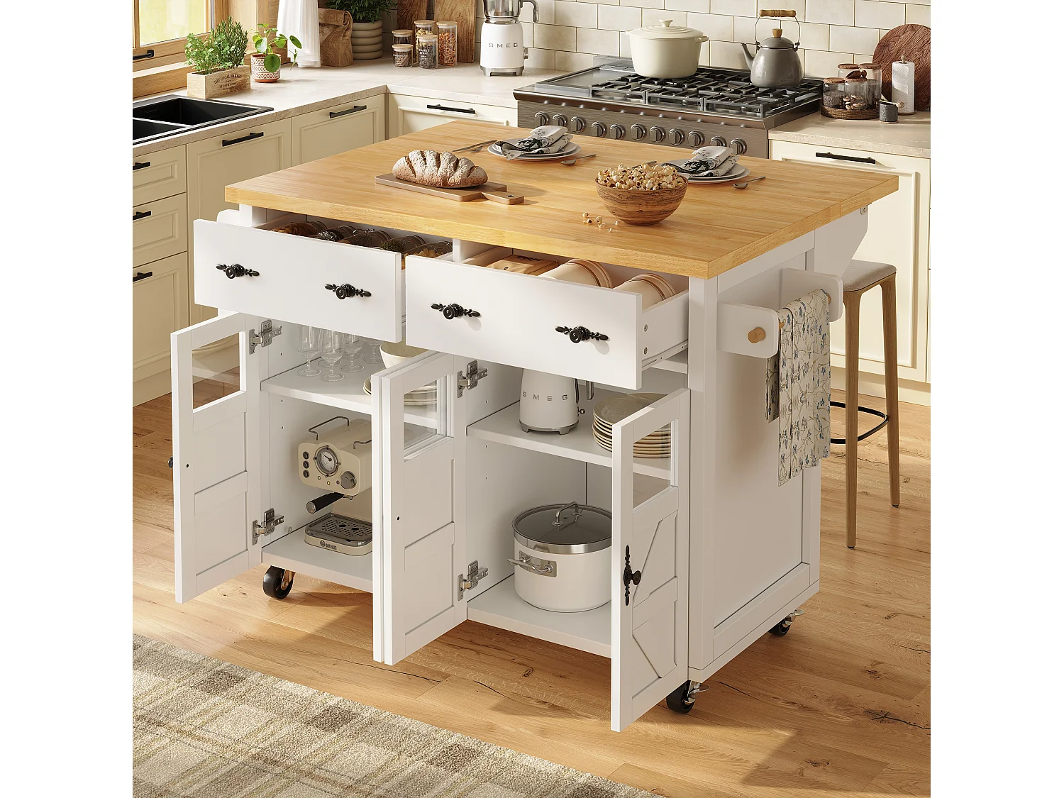 Isola cucina bianca - Carrello cucina con 2 cassetti e 4 ante - Porta spezie e porta asciugamani