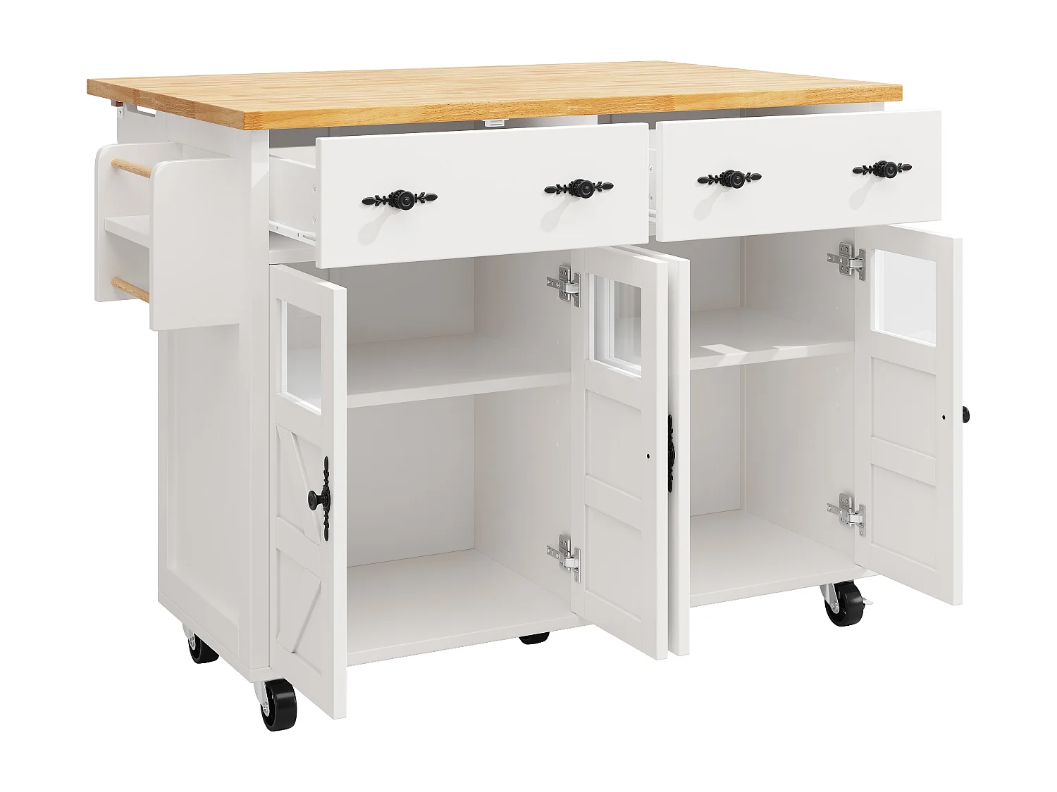 Isola cucina bianca - Carrello cucina con 2 cassetti e 4 ante - Porta spezie e porta asciugamani
