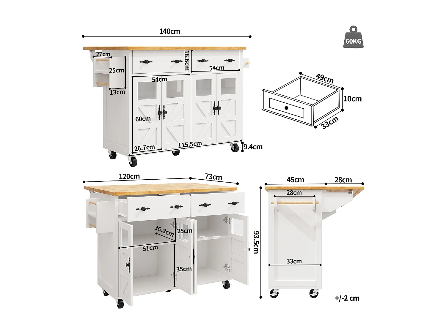 Îlot de cuisine blanc - Desserte de cuisine avec 2 tiroirs et 4 portes - étagère à épices et porte-serviettes
