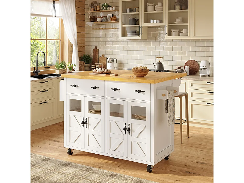 Îlot de cuisine blanc - Desserte de cuisine avec 2 tiroirs et 4 portes - étagère à épices et porte-serviettes