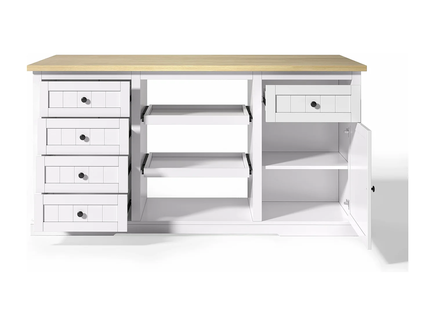 Îlot de cuisine blanc - Desserte de cuisine avec 5 tiroirs et 1 porte - 2 étagères coulissantes et prise de courant