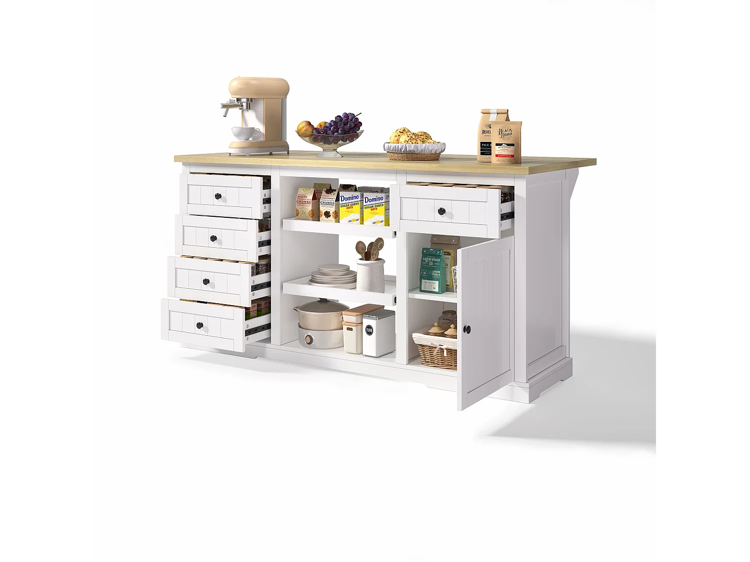 Îlot de cuisine blanc - Desserte de cuisine avec 5 tiroirs et 1 porte - 2 étagères coulissantes et prise de courant